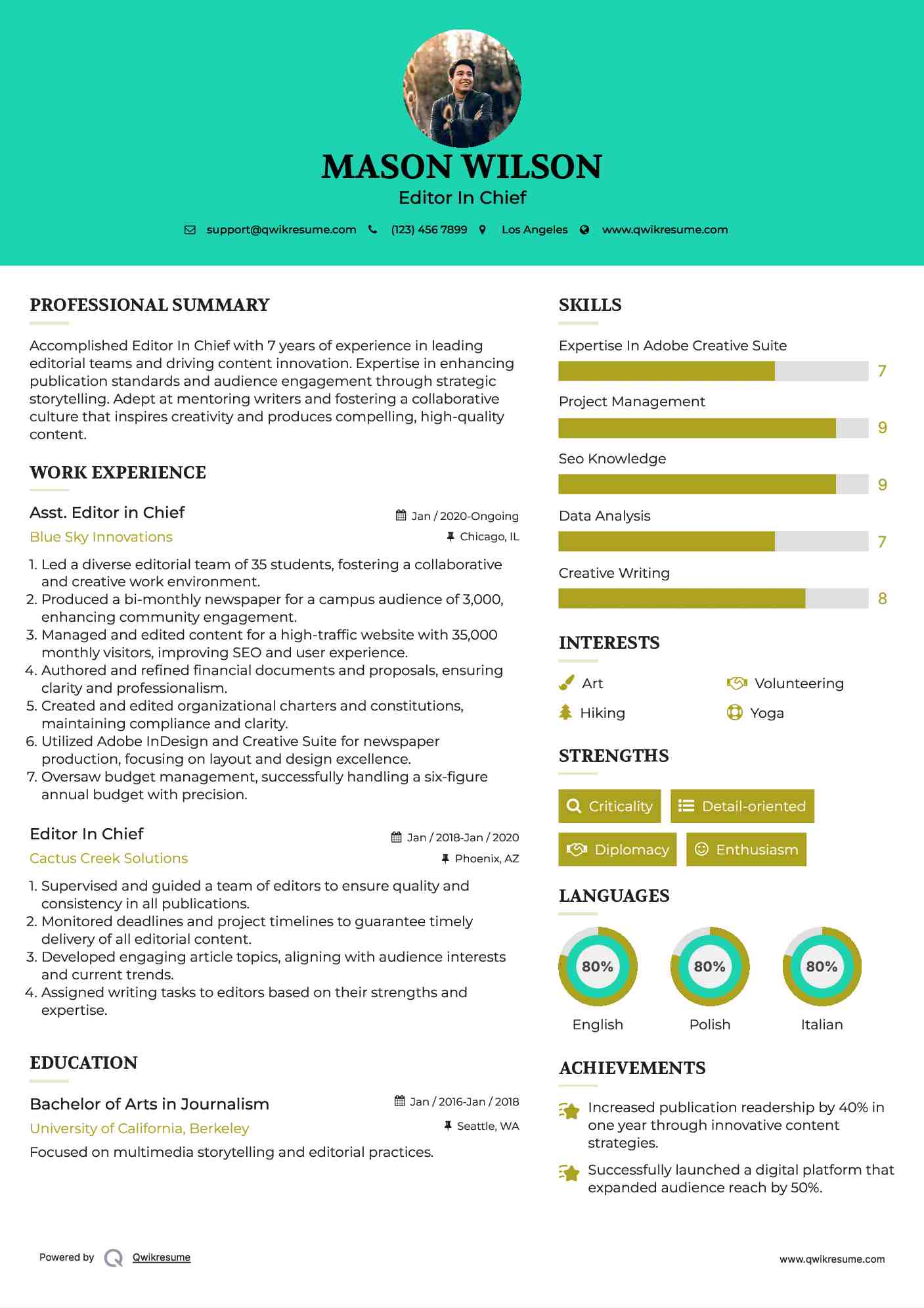 Asst. Editor in Chief Resume Sample