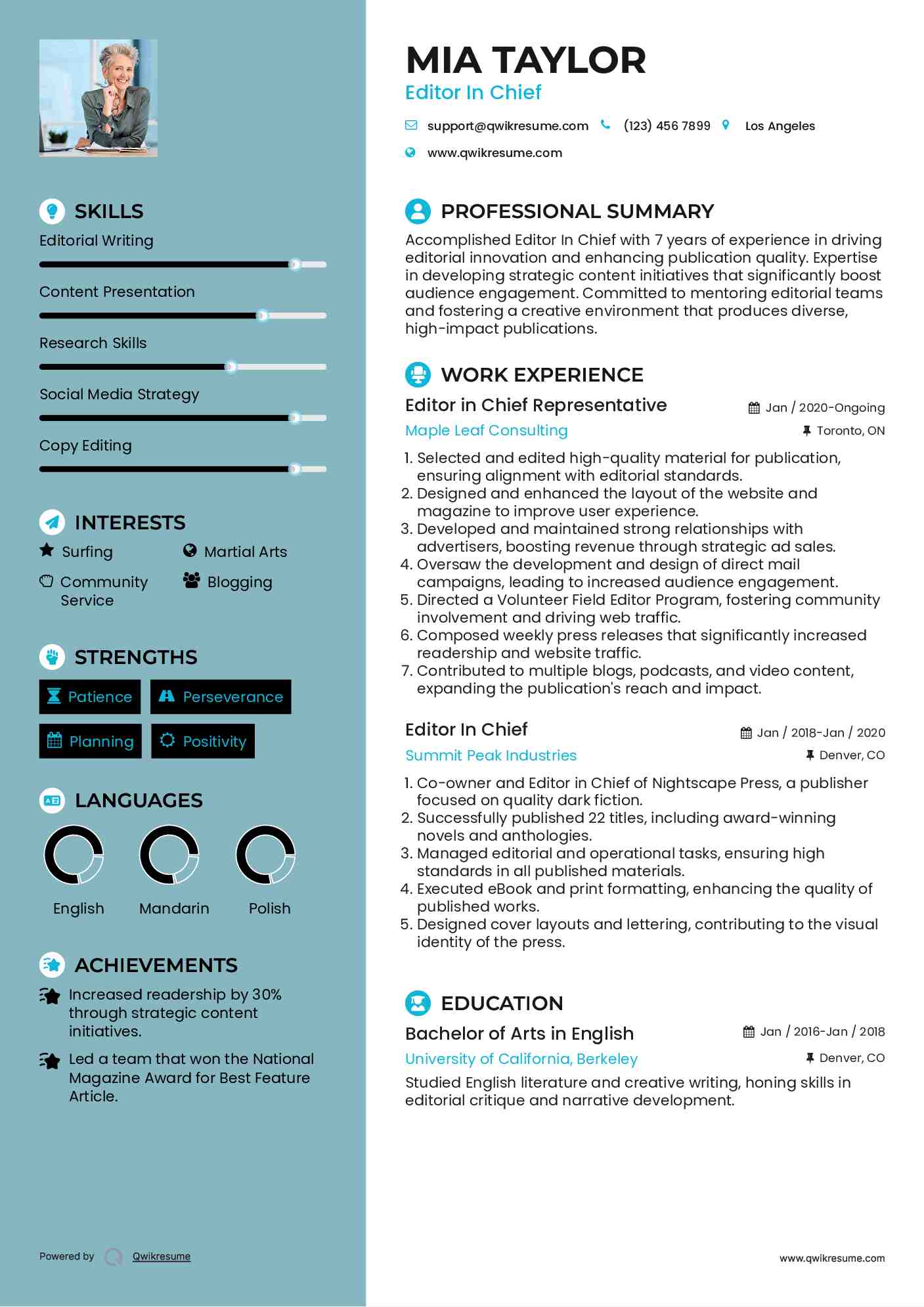 Editor in Chief Representative Resume Model