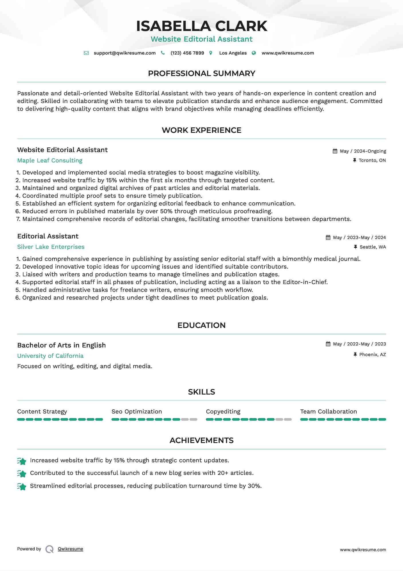Website Editorial Assistant Resume Example