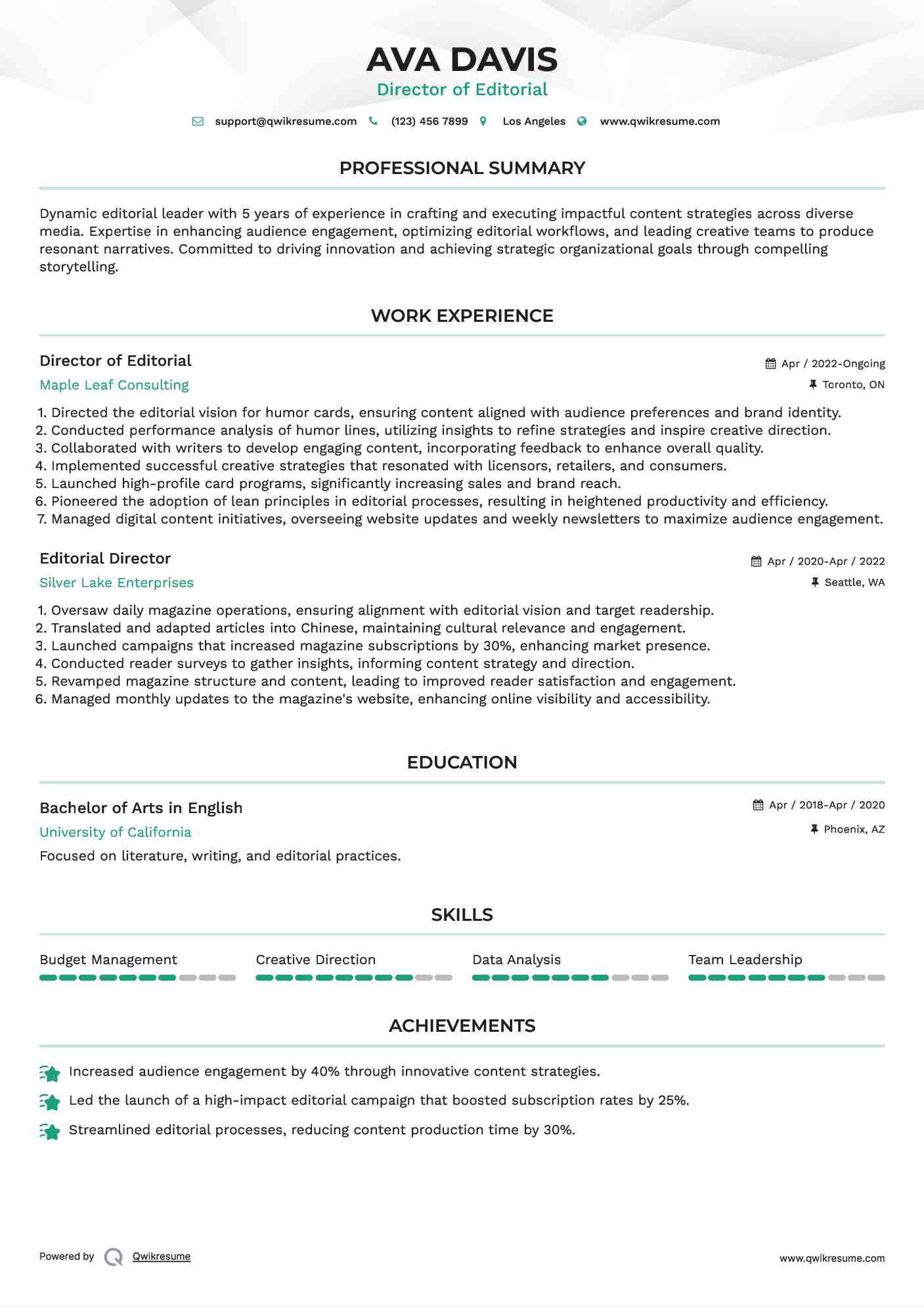 Director of Editorial Resume Model
