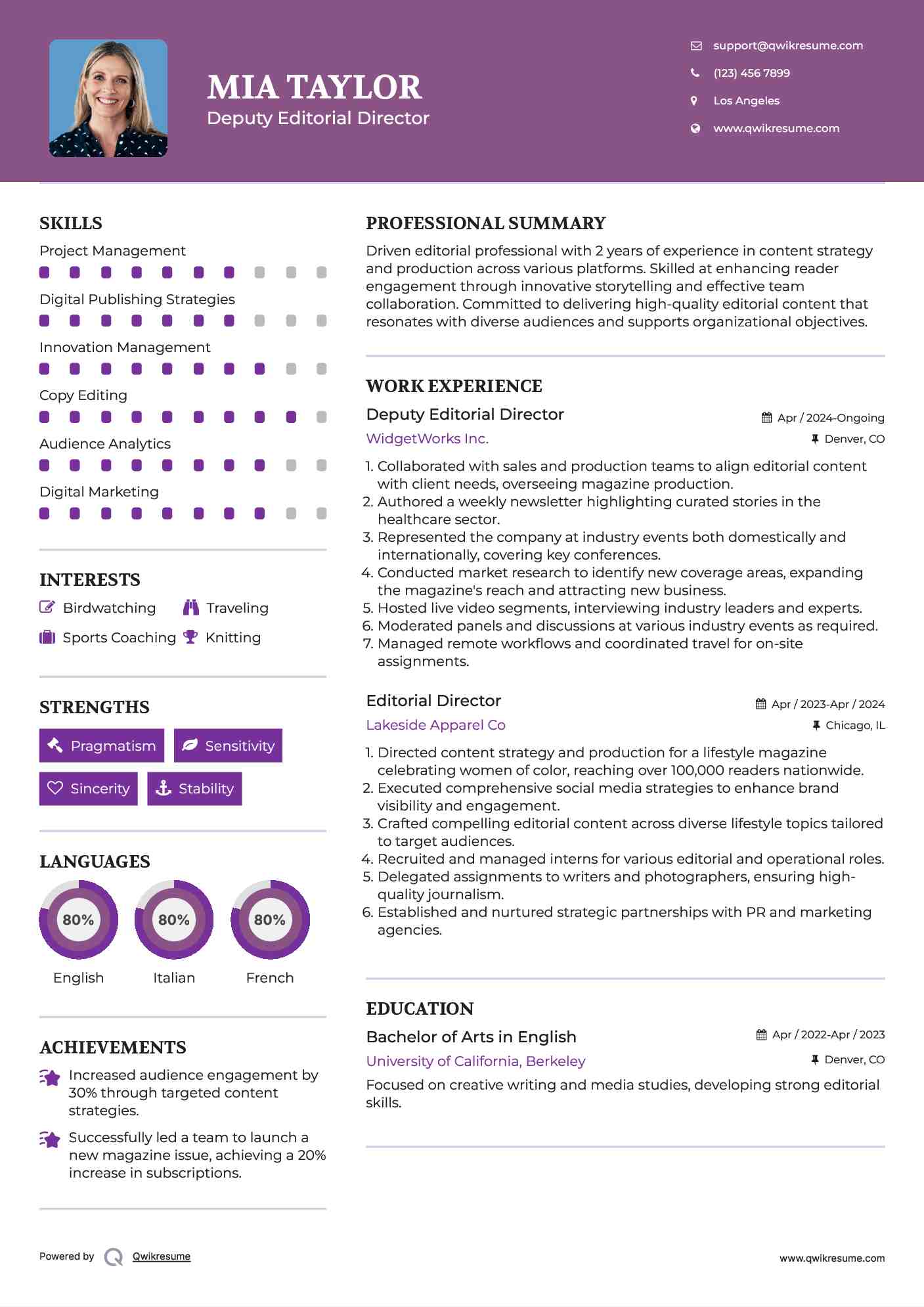 Deputy Editorial Director Resume Format