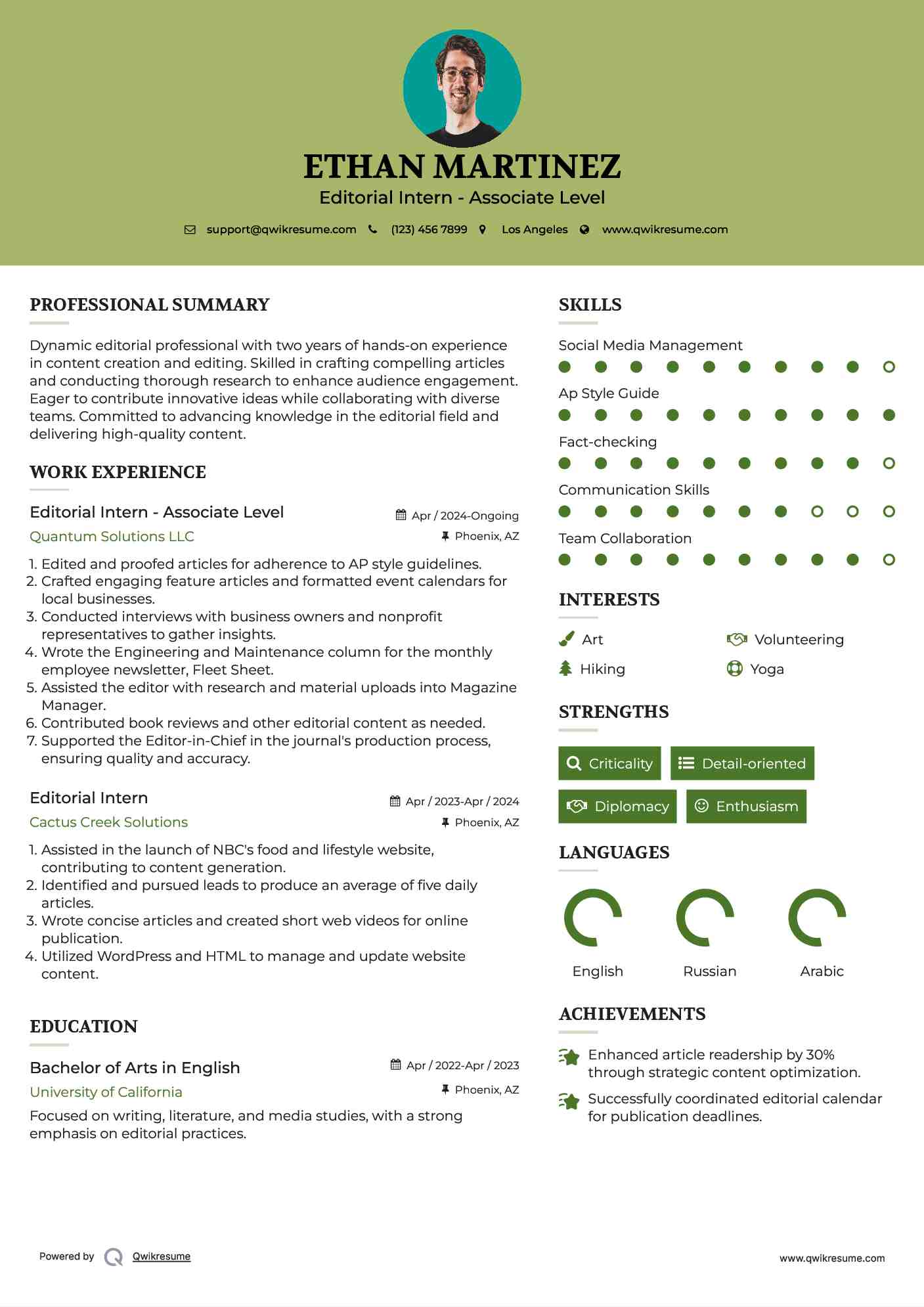 Editorial Intern - Associate Level Resume Sample