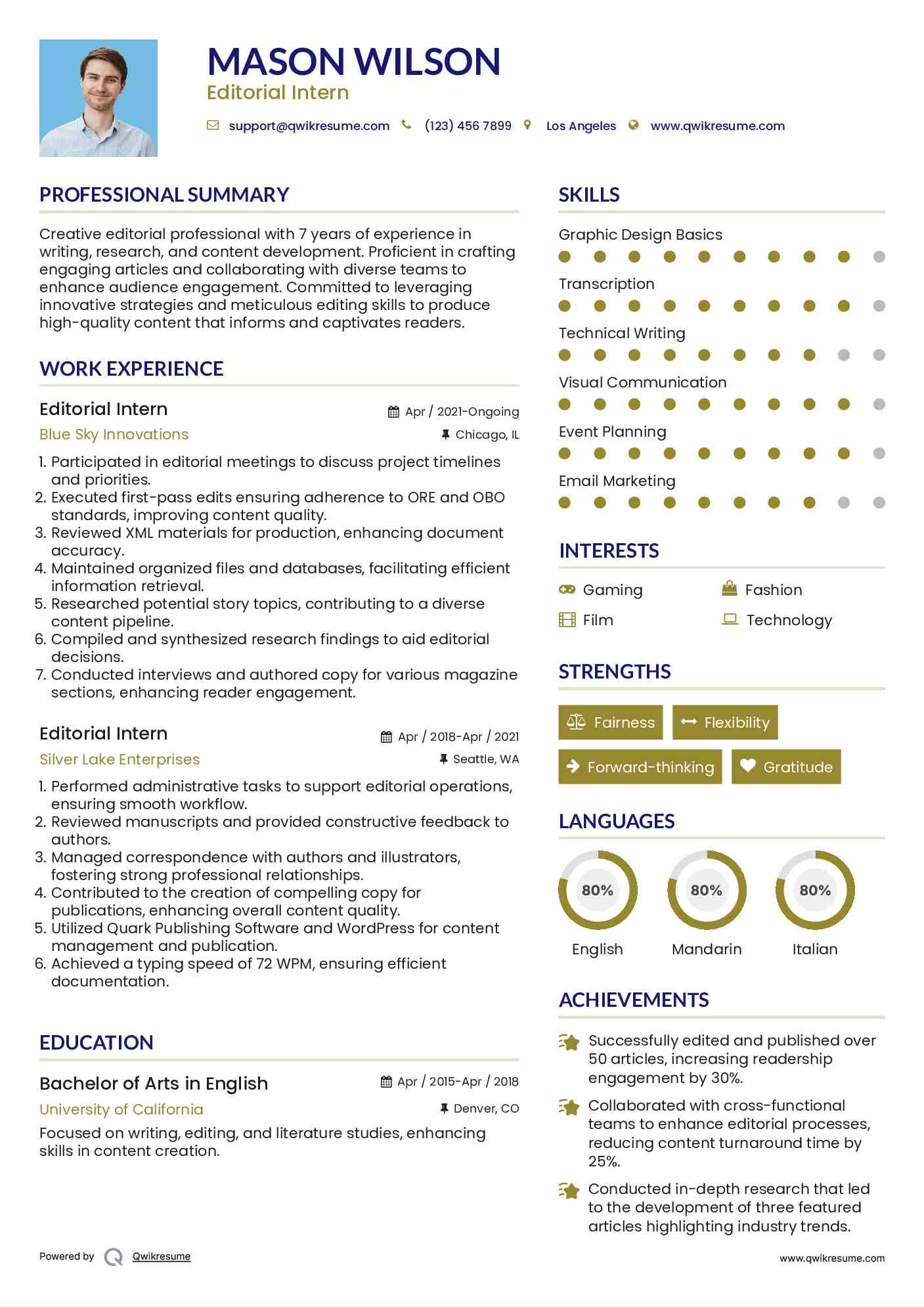 Editorial Intern Resume Example