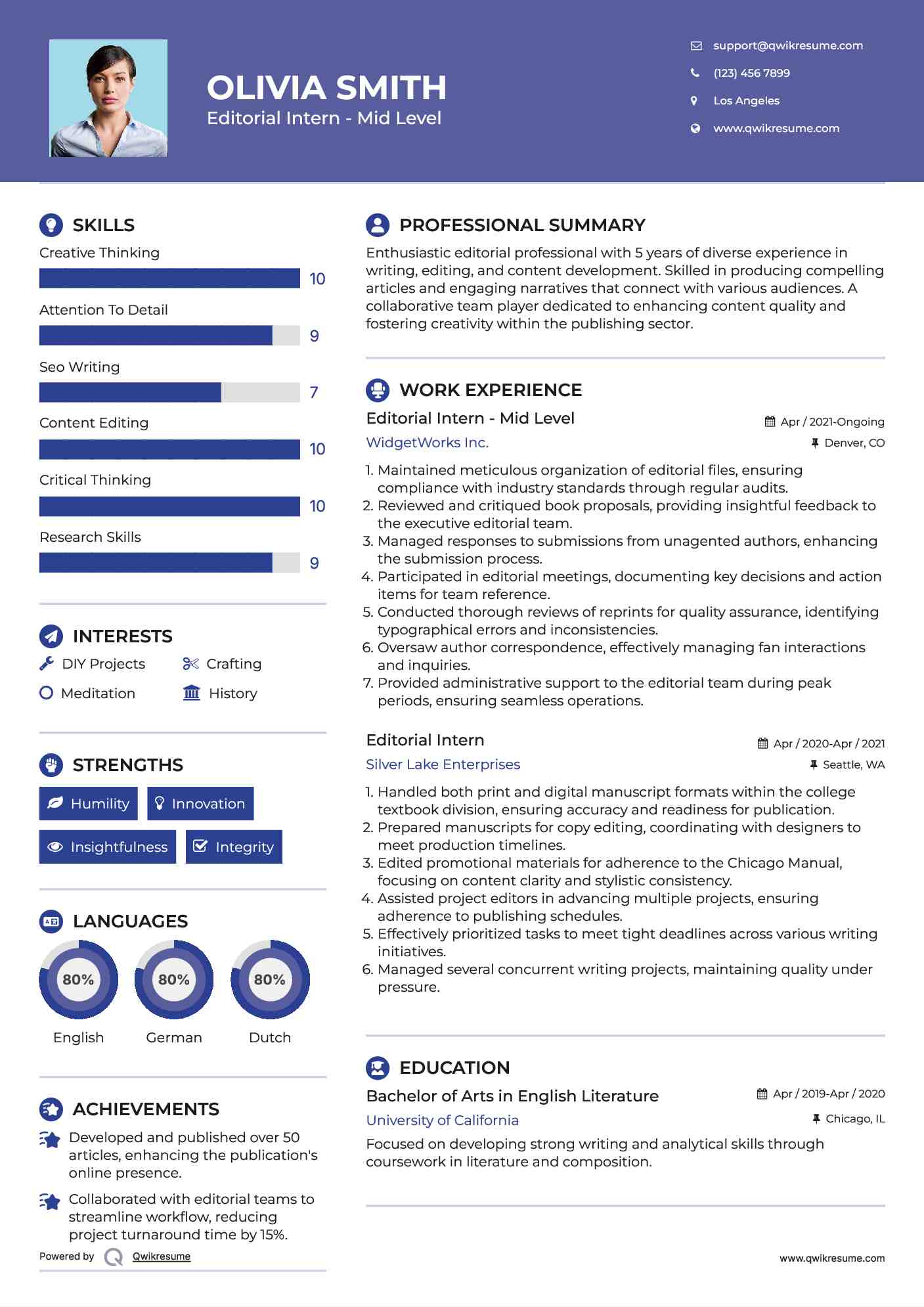 Editorial Intern - Mid Level Resume Example