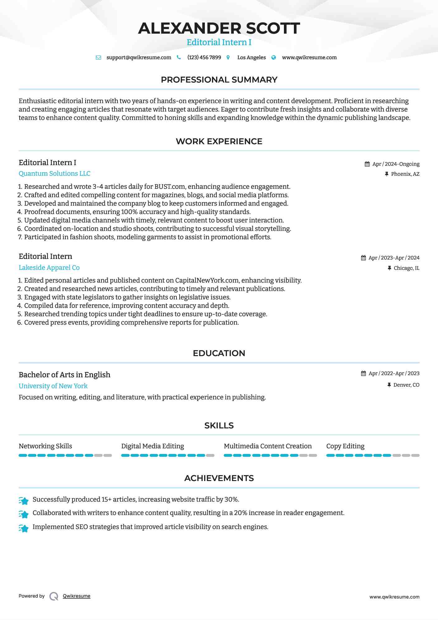 Editorial Intern I Resume Model