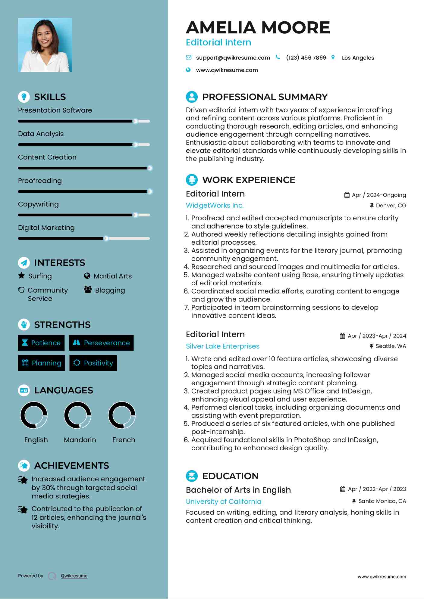 Editorial Intern Resume Sample