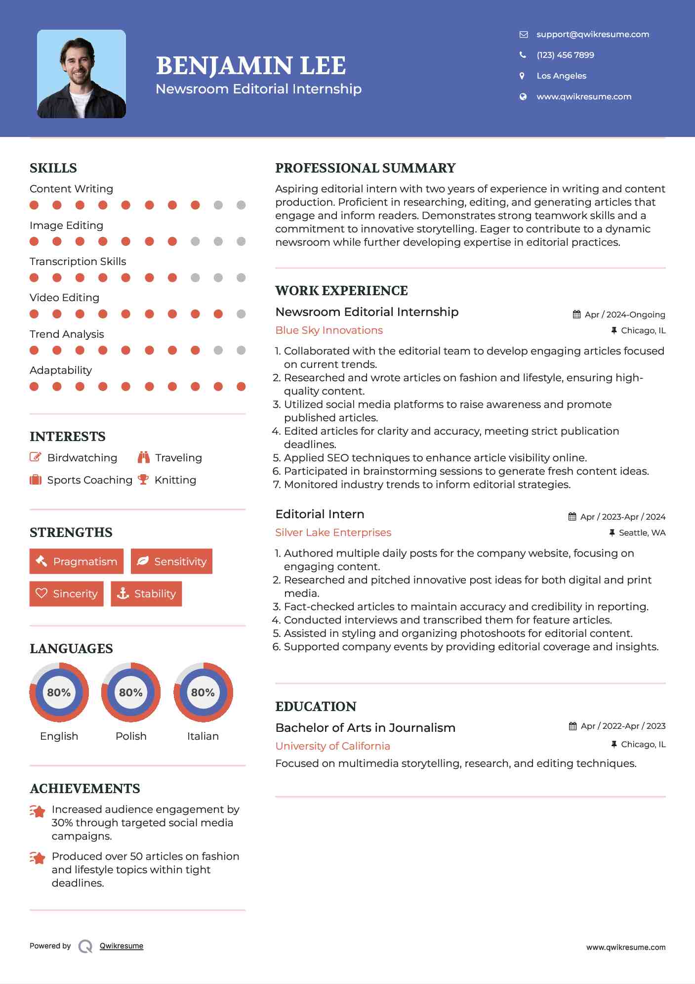 Newsroom Editorial Internship Resume Sample