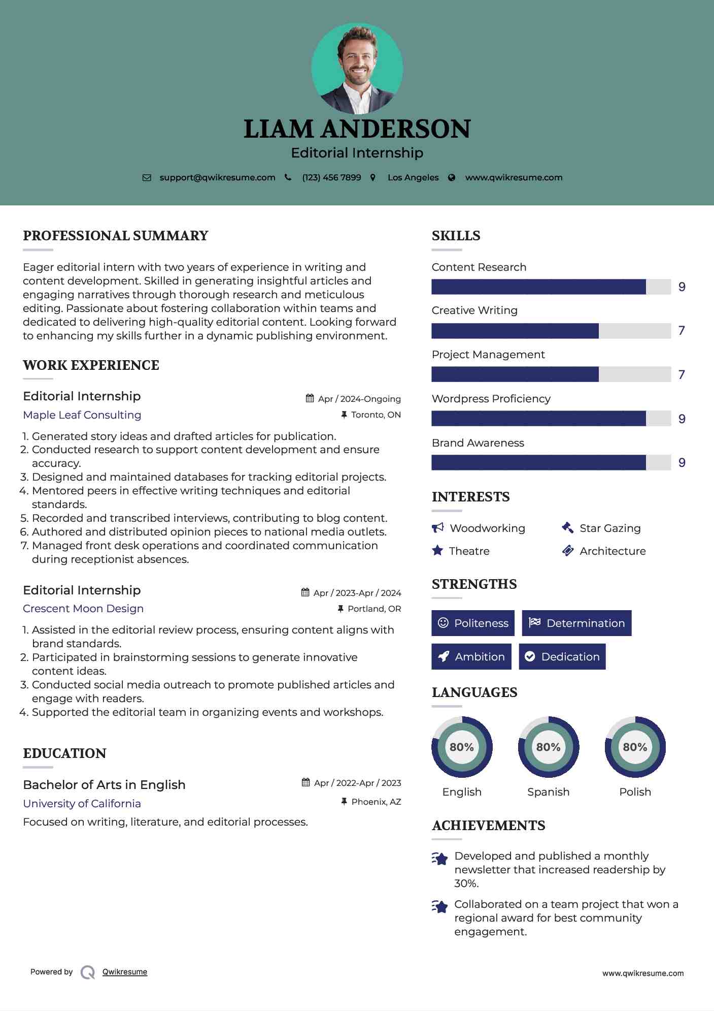 Editorial Internship Resume Model