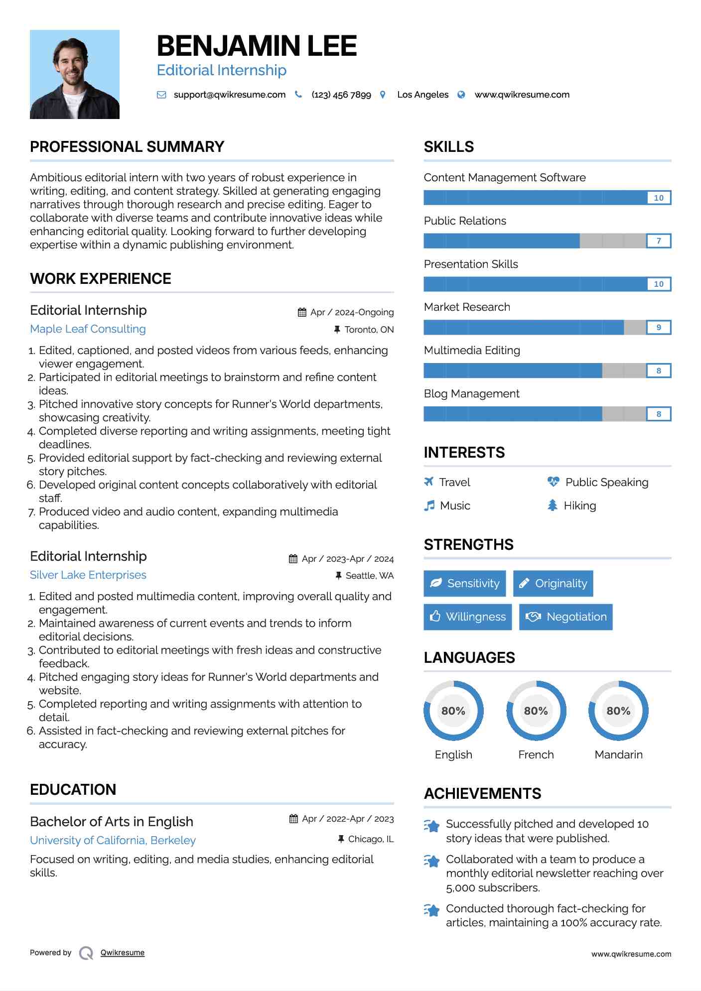 Editorial Internship Resume Example