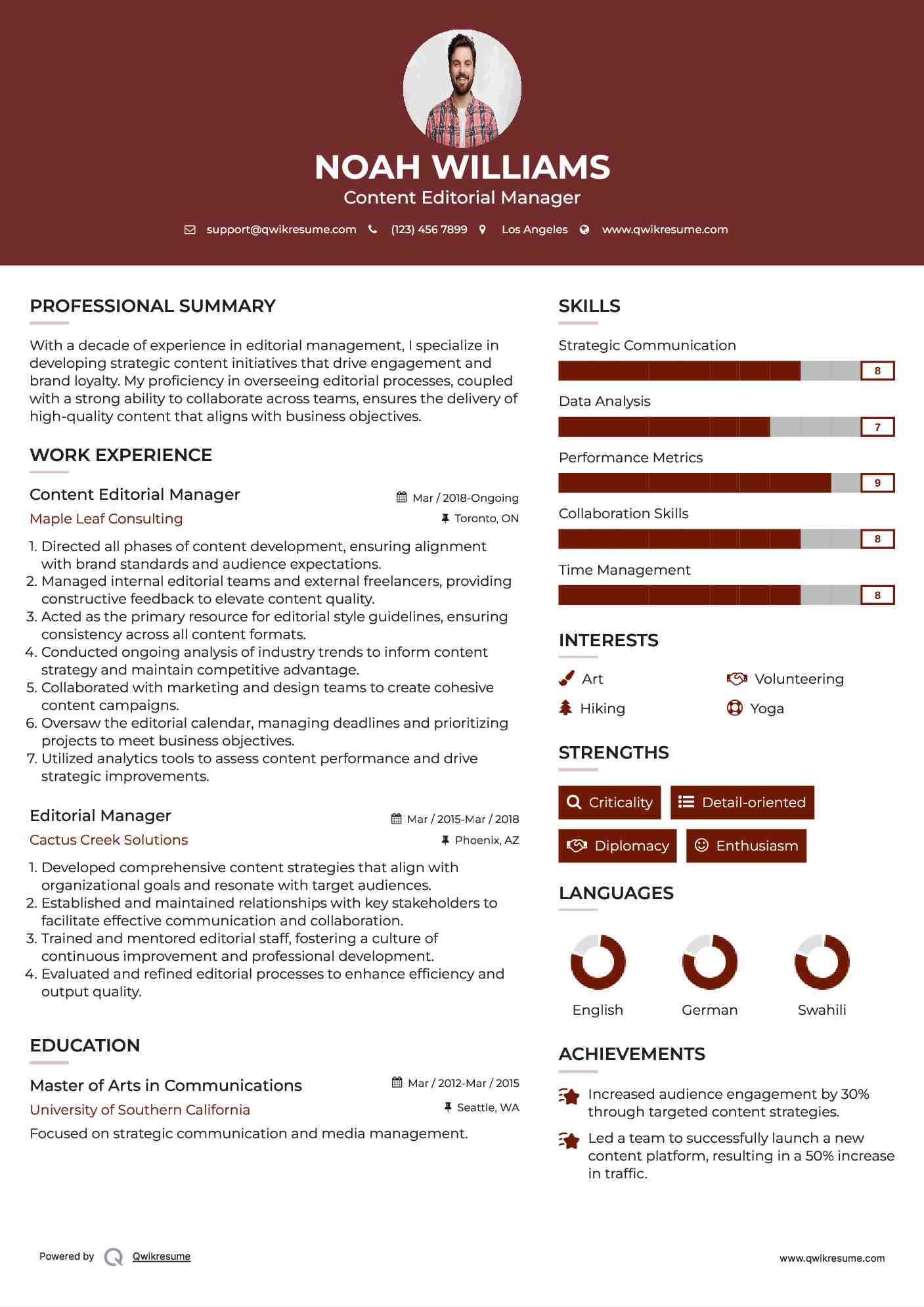 Content Editorial Manager Resume Sample