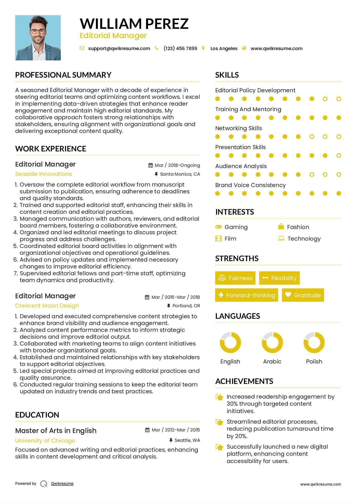 Editorial Manager Resume Sample