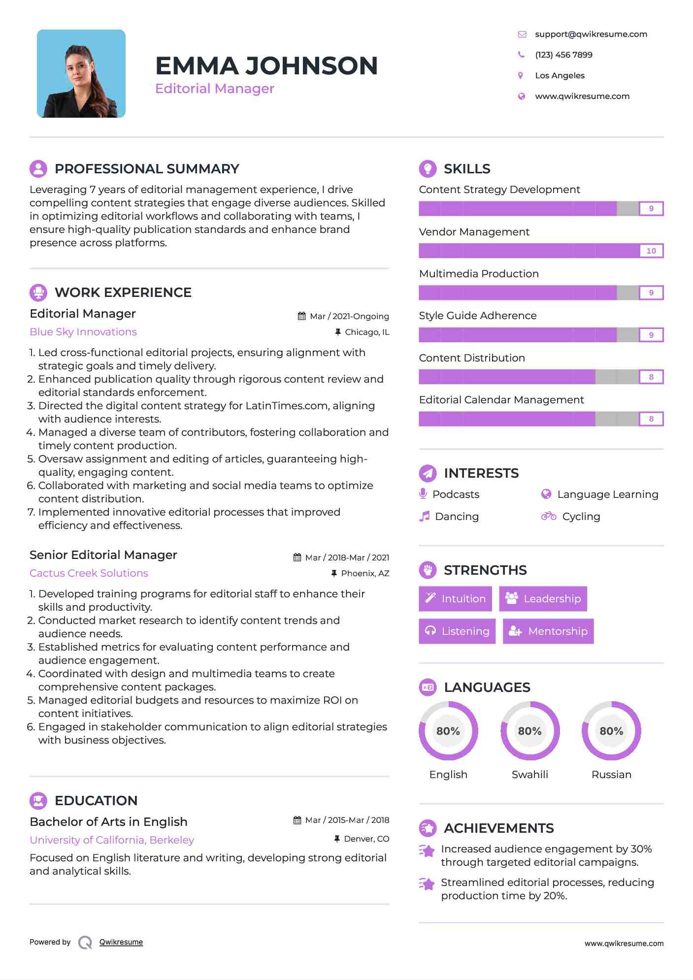 Editorial Manager Resume Example