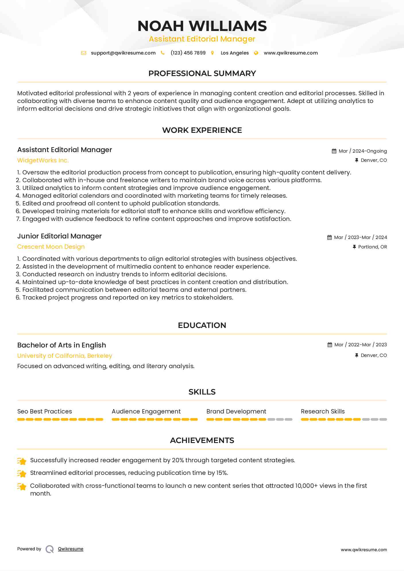 Assistant Editorial Manager Resume Sample