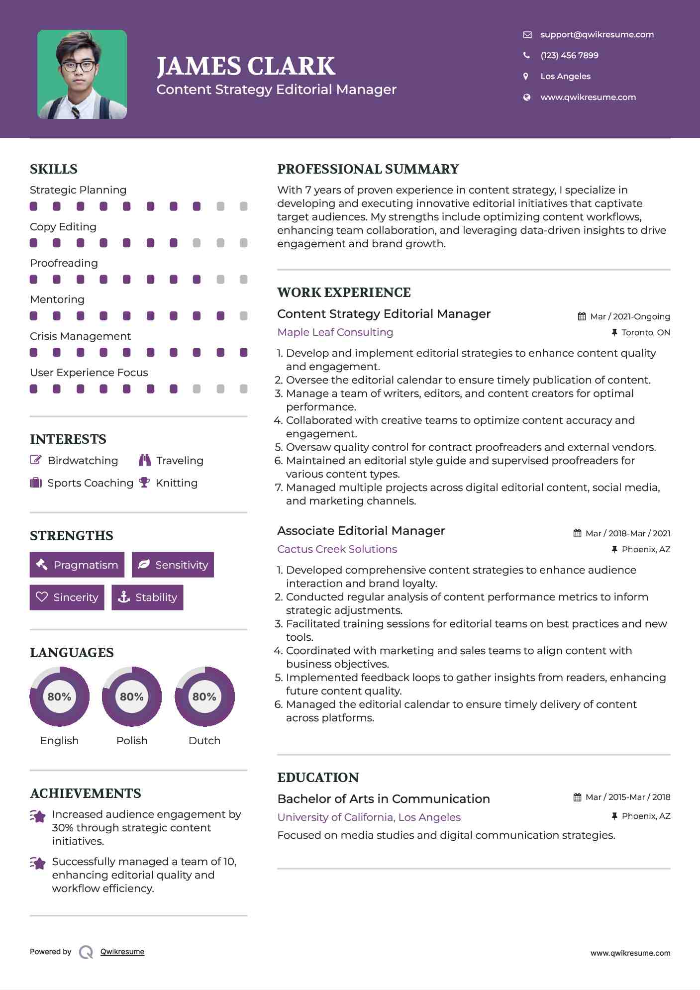 Content Strategy Editorial Manager Resume Format