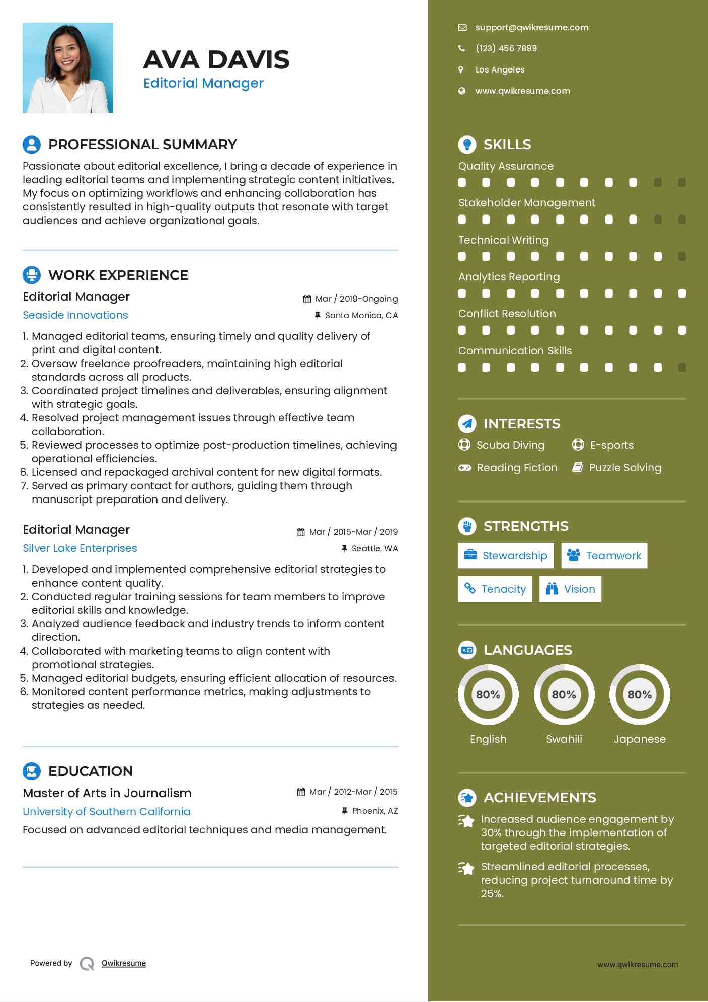 Editorial Manager Resume Example