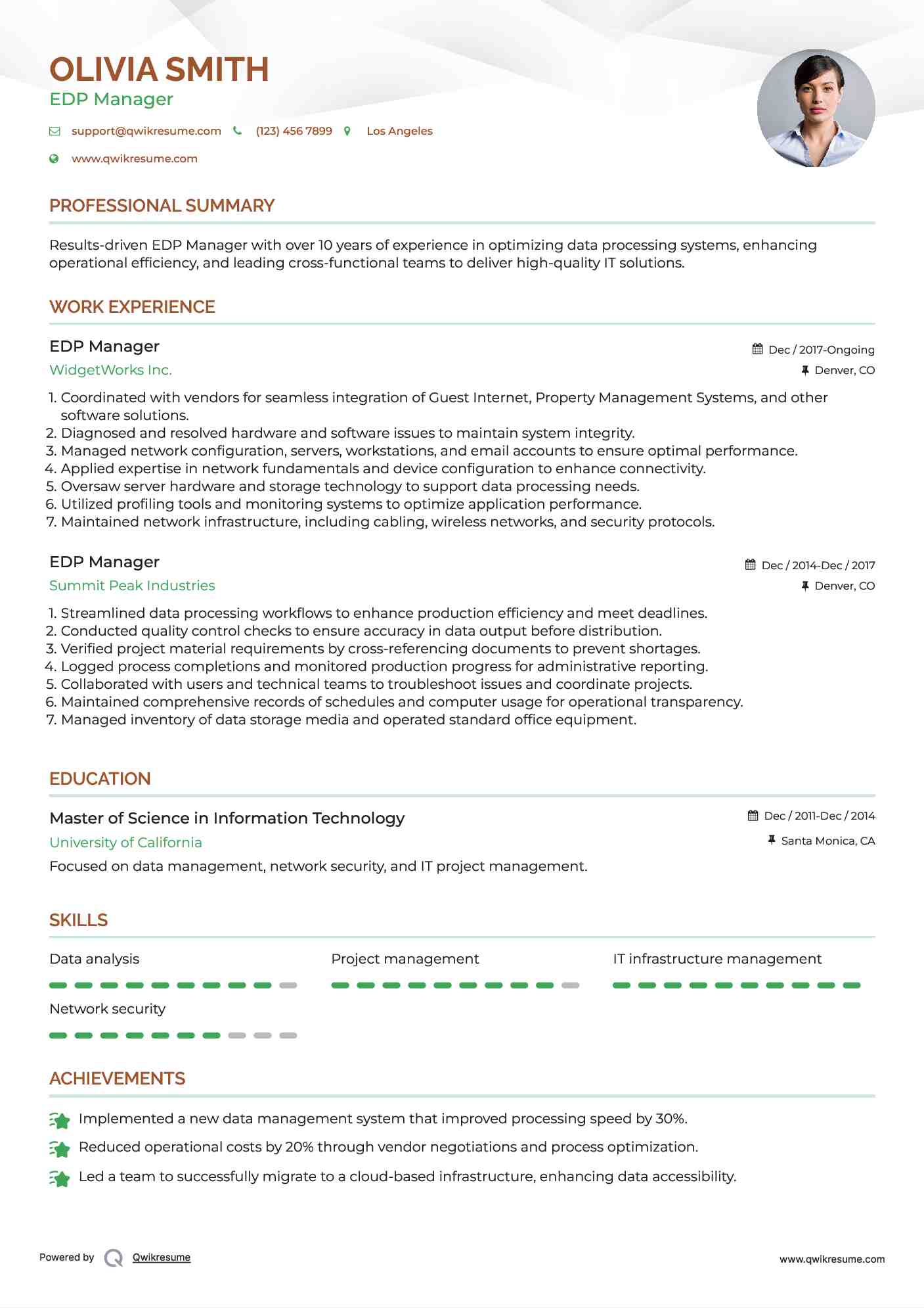 EDP Manager Resume Example