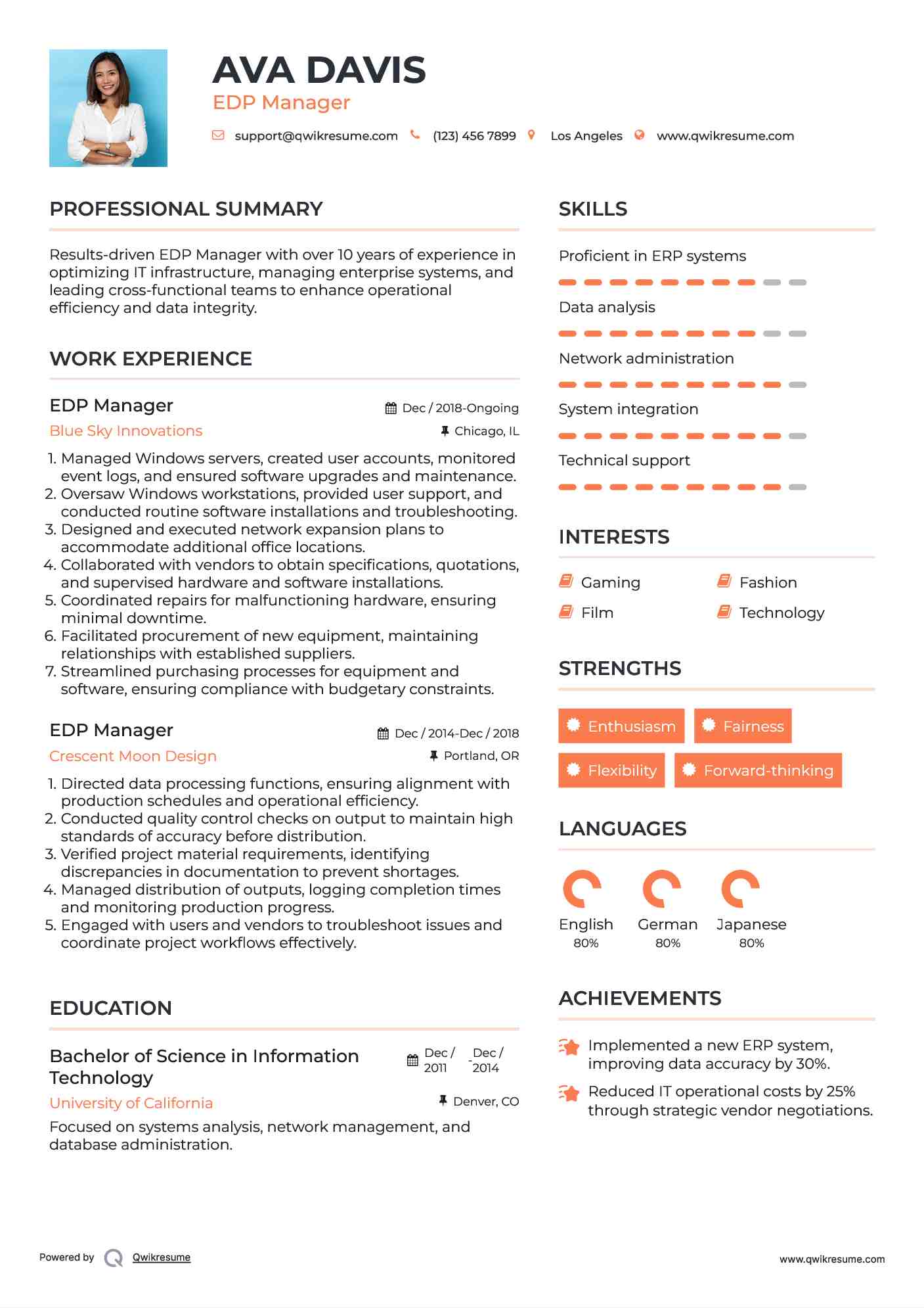 EDP Manager  Resume Format