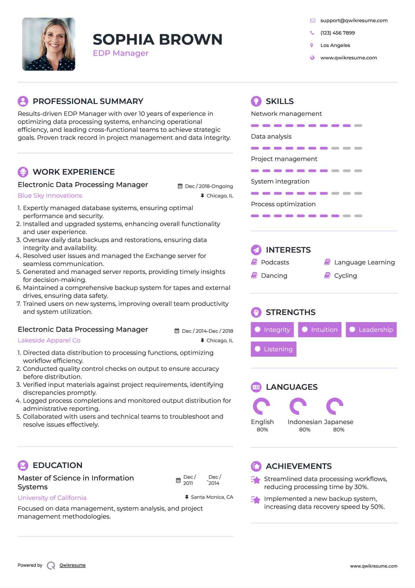 Electronic Data Processing Manager Resume Sample