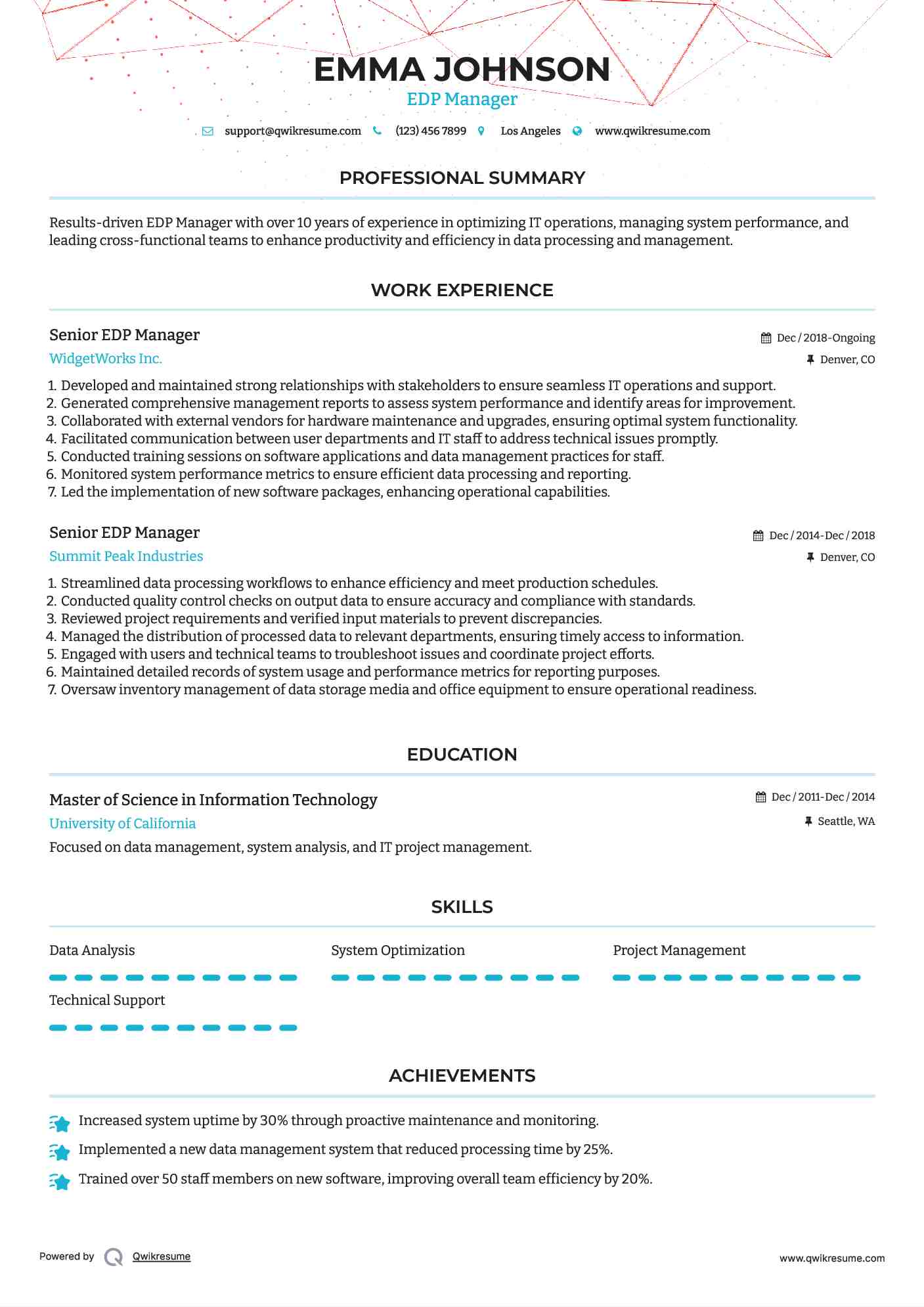 Senior EDP Manager Resume Example