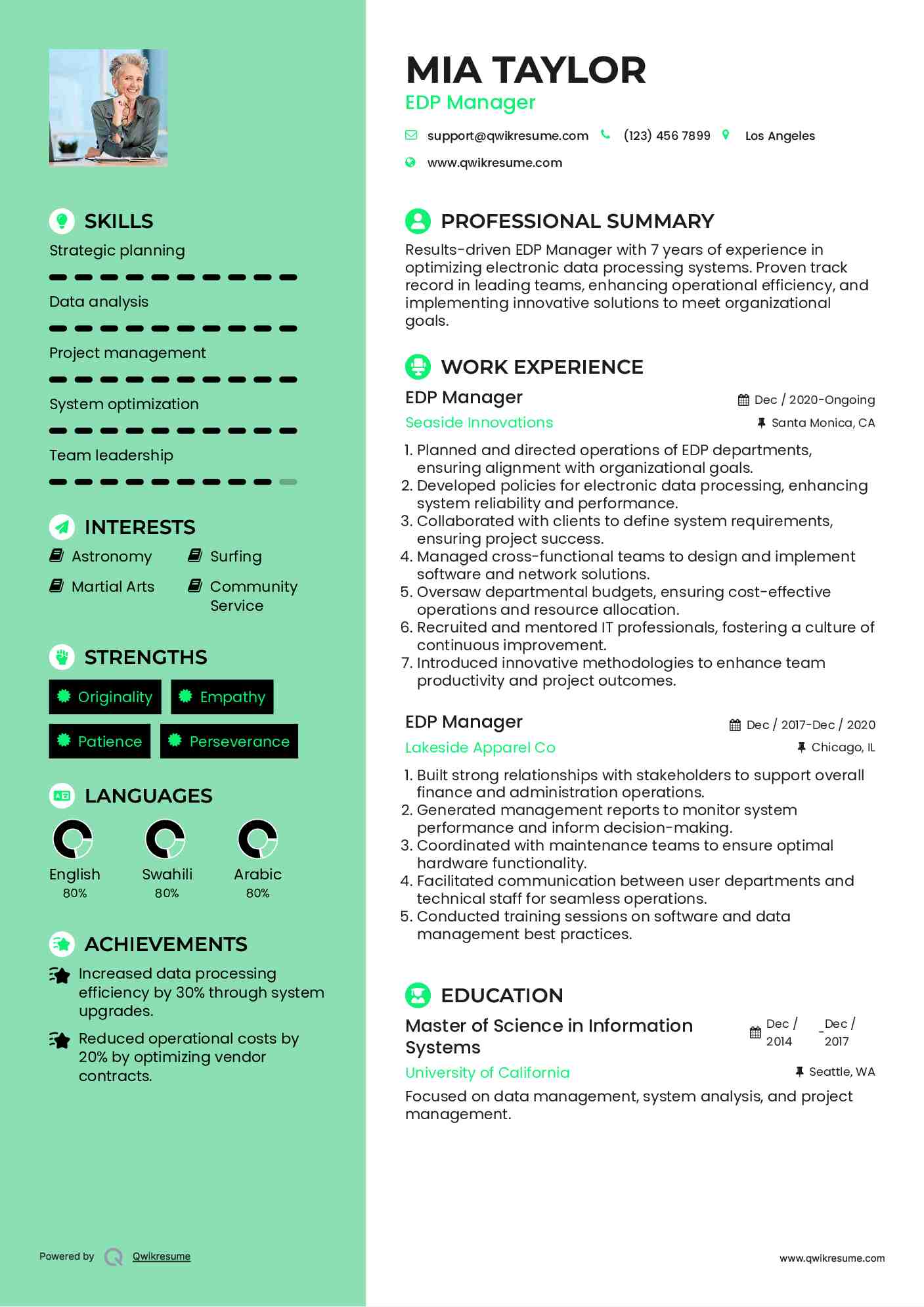 EDP Manager Resume Example