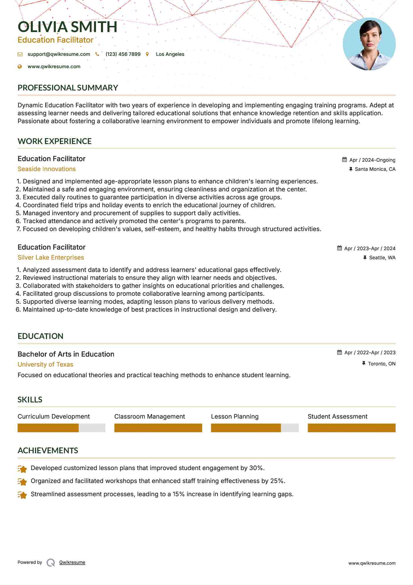 Education Facilitator Resume Example