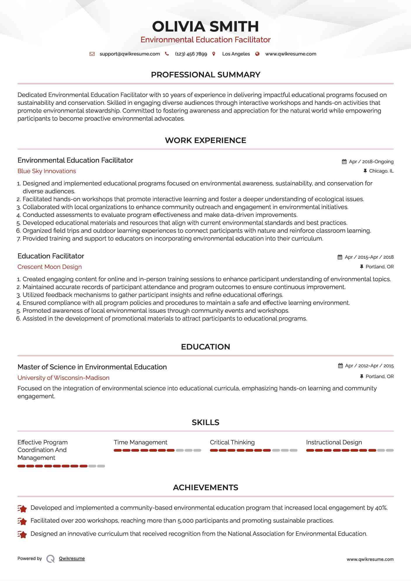 Environmental Education Facilitator Resume Template