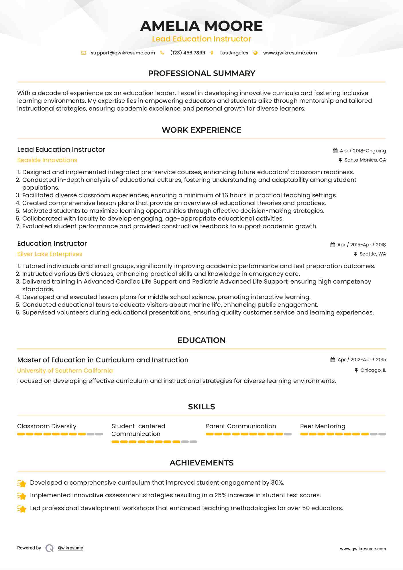 Lead Education Instructor Resume Format