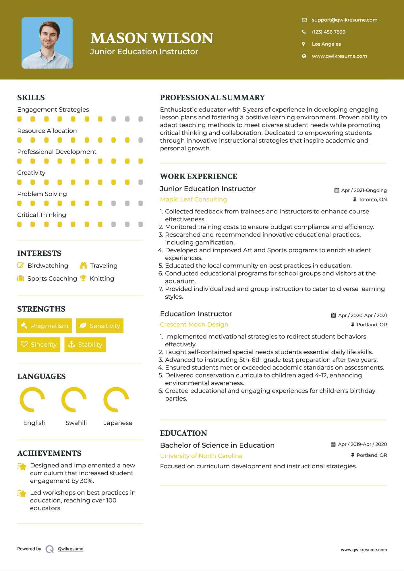 Junior Education Instructor  Resume Template