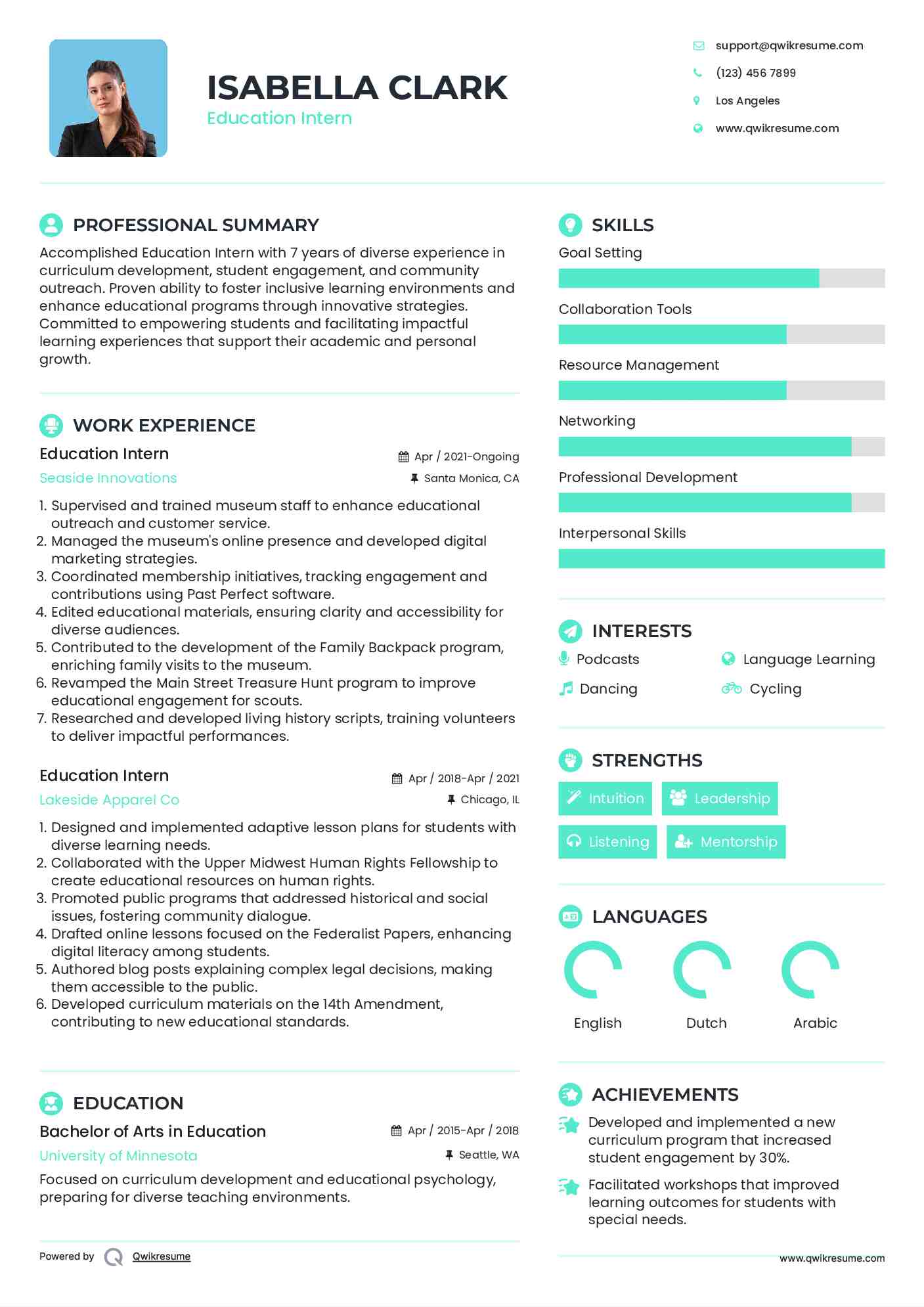 Education Intern Resume Sample