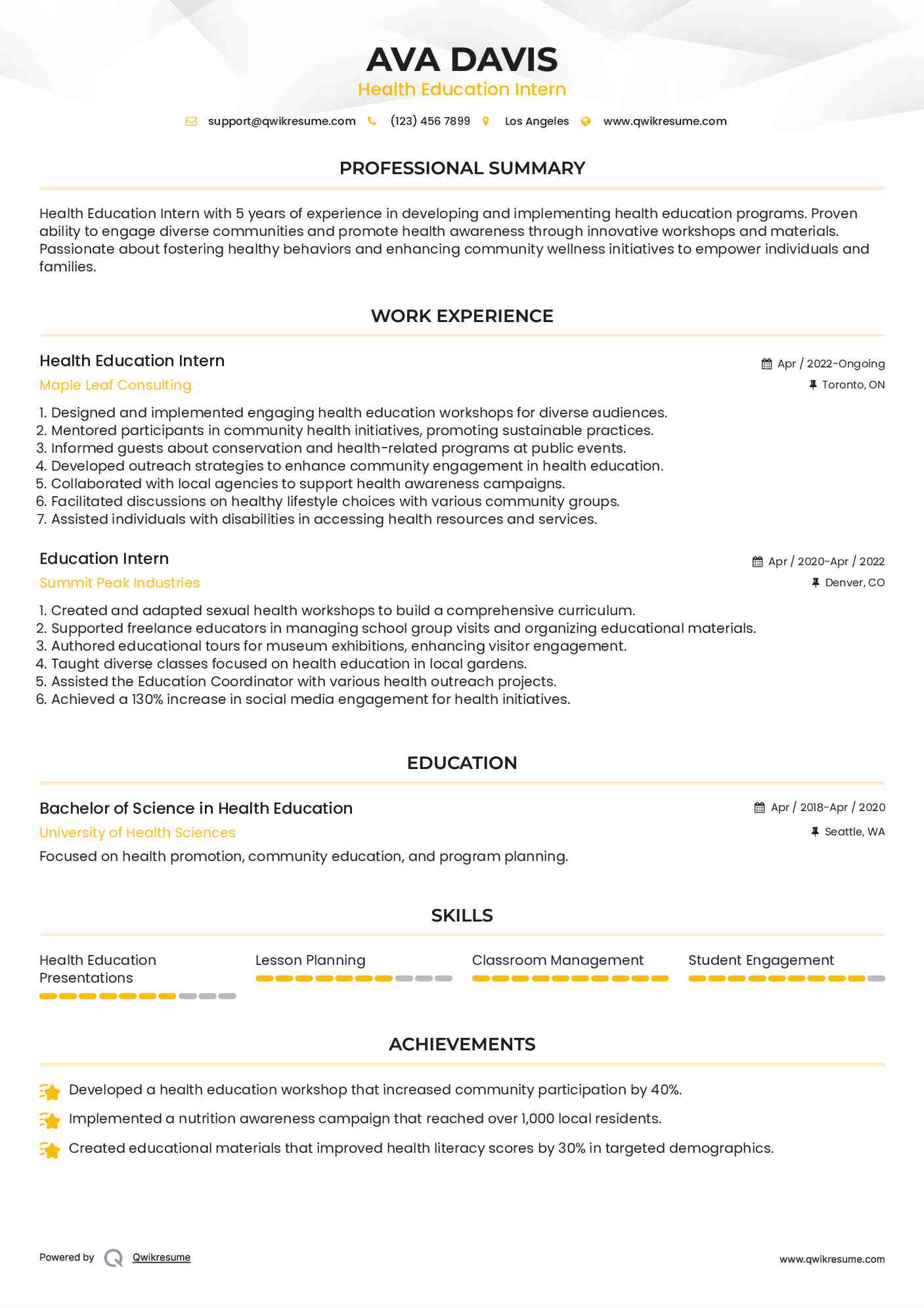 Health Education Intern
 Resume Format