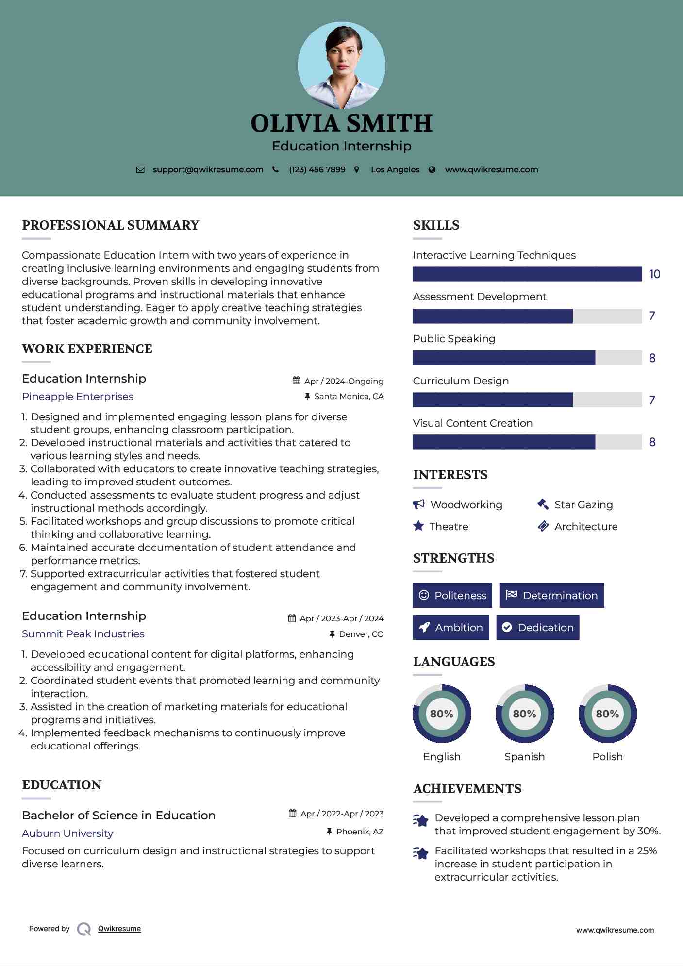 Education Internship Resume Template
