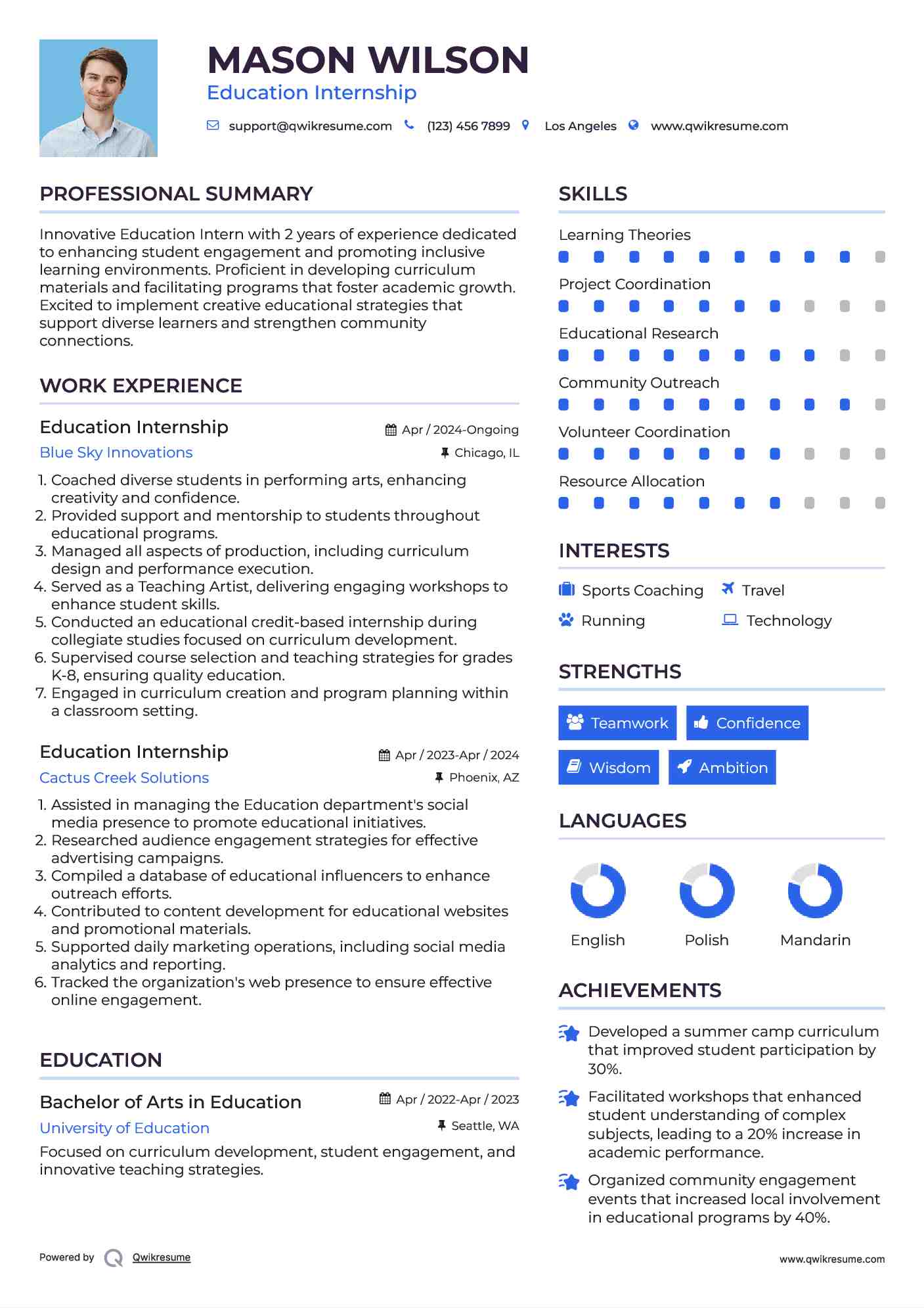 Education Internship Resume Model