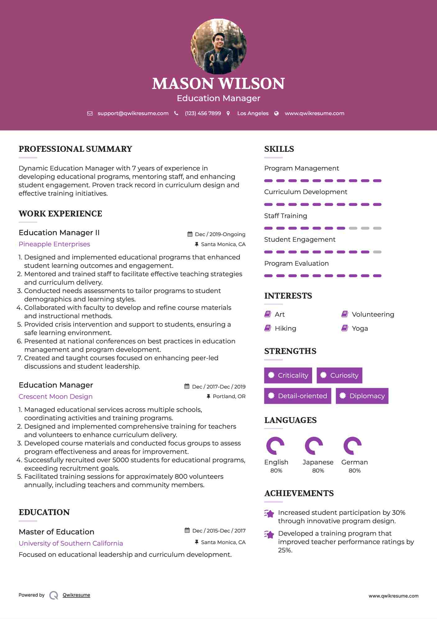 Education Manager II Resume Model