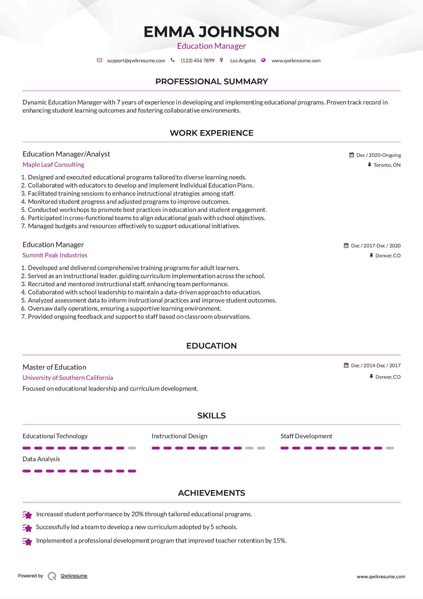 Education Manager/Analyst Resume Model