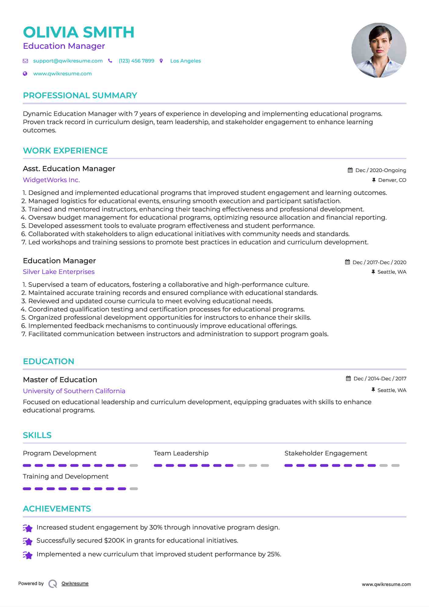 Asst. Education Manager Resume Example