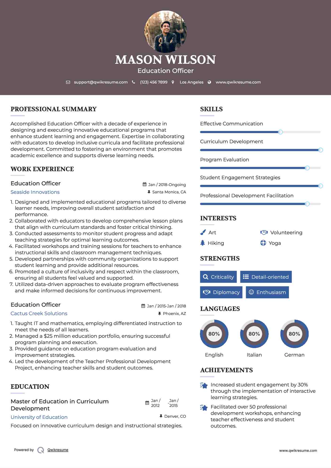 Education Officer Resume Model