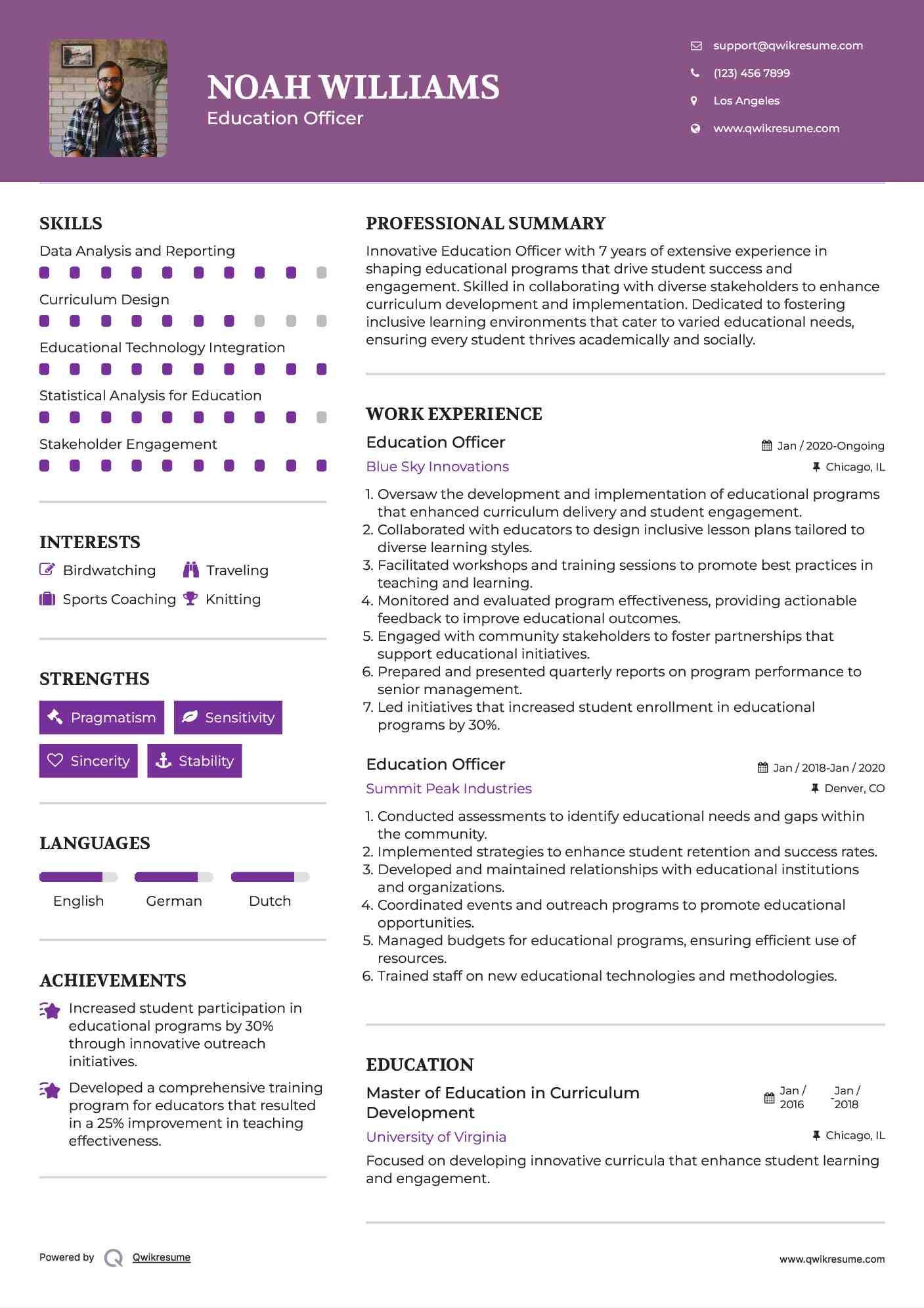 Education Officer Resume Sample