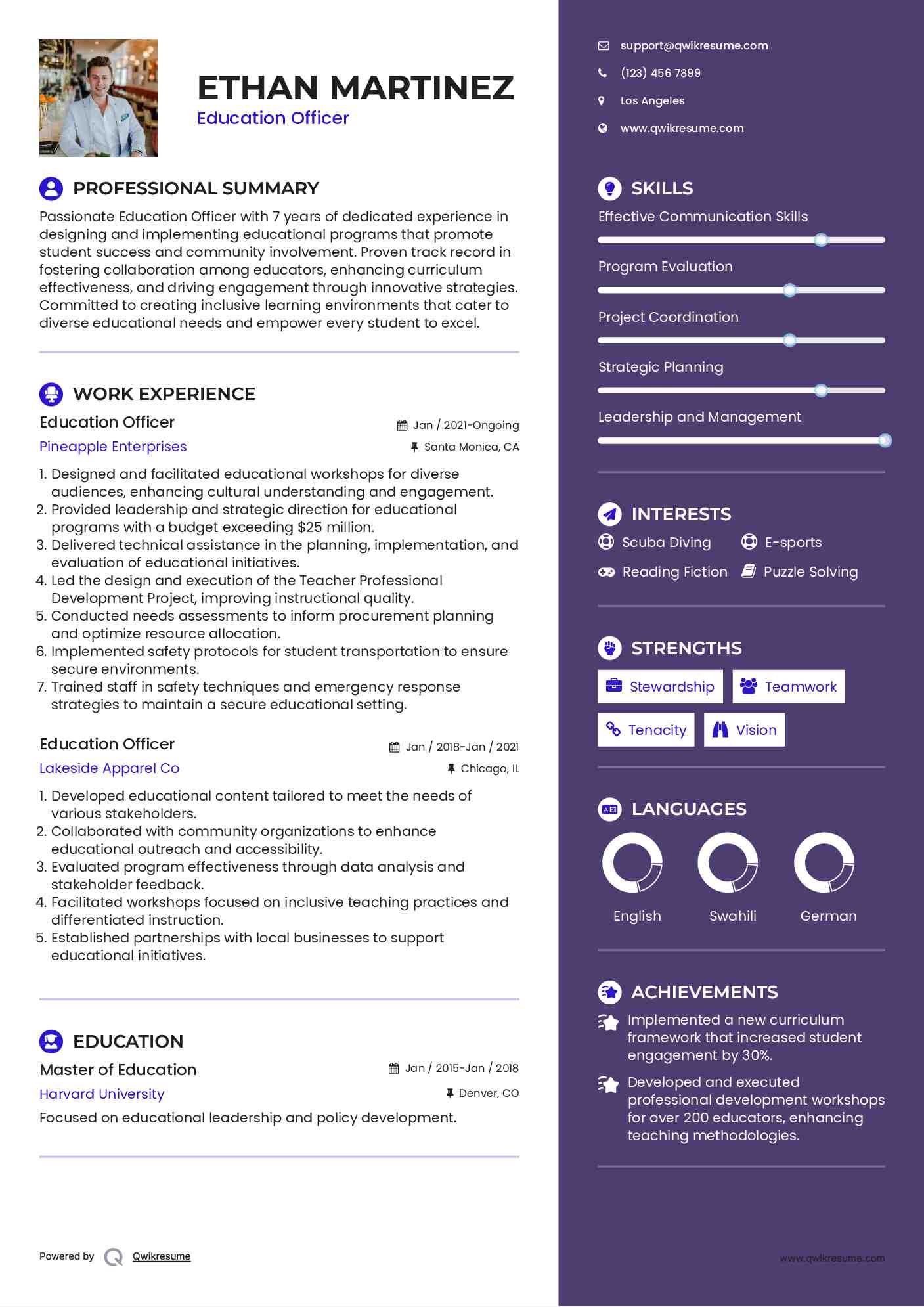 Education Officer Resume Example