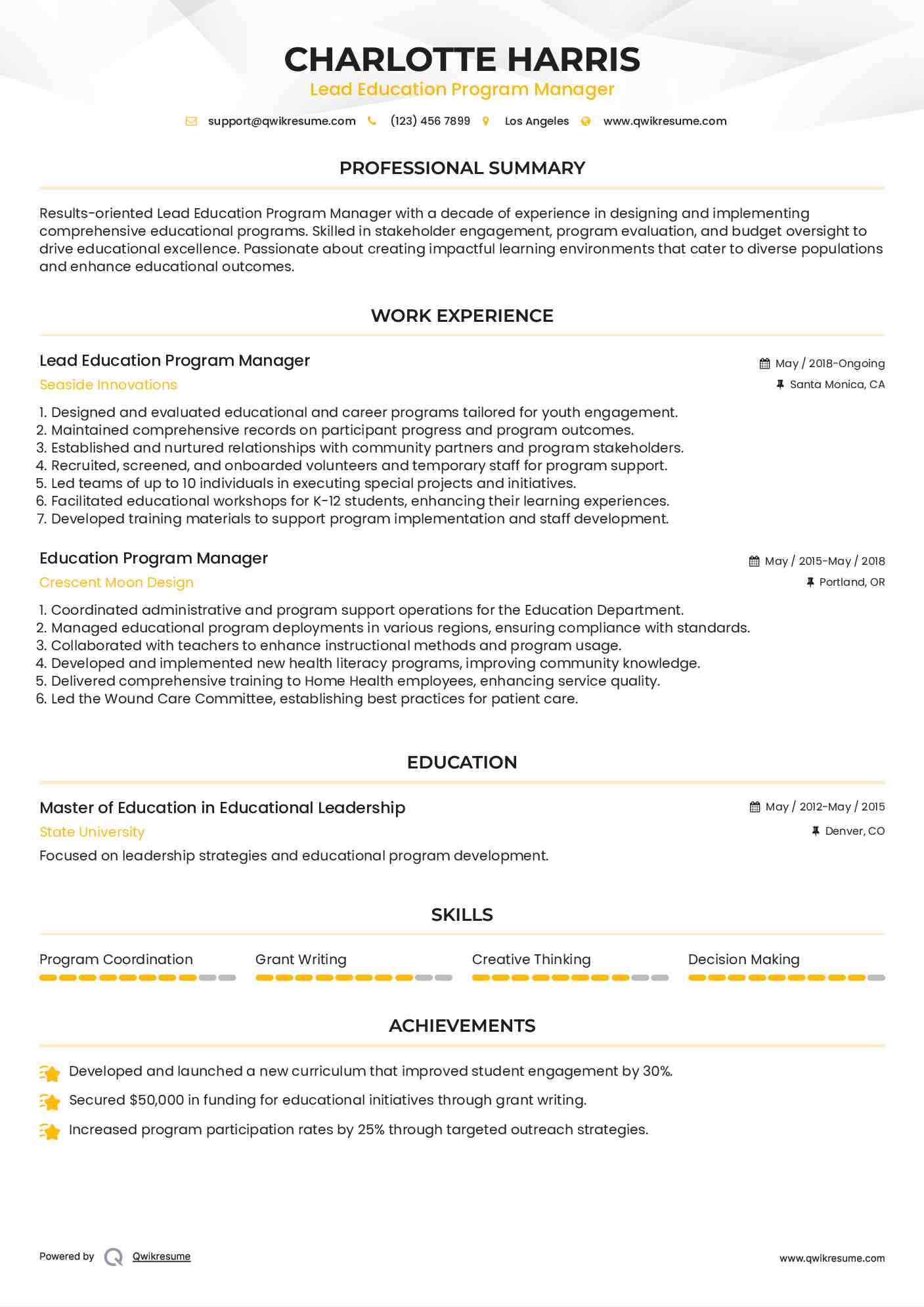 Lead Education Program Manager Resume Example