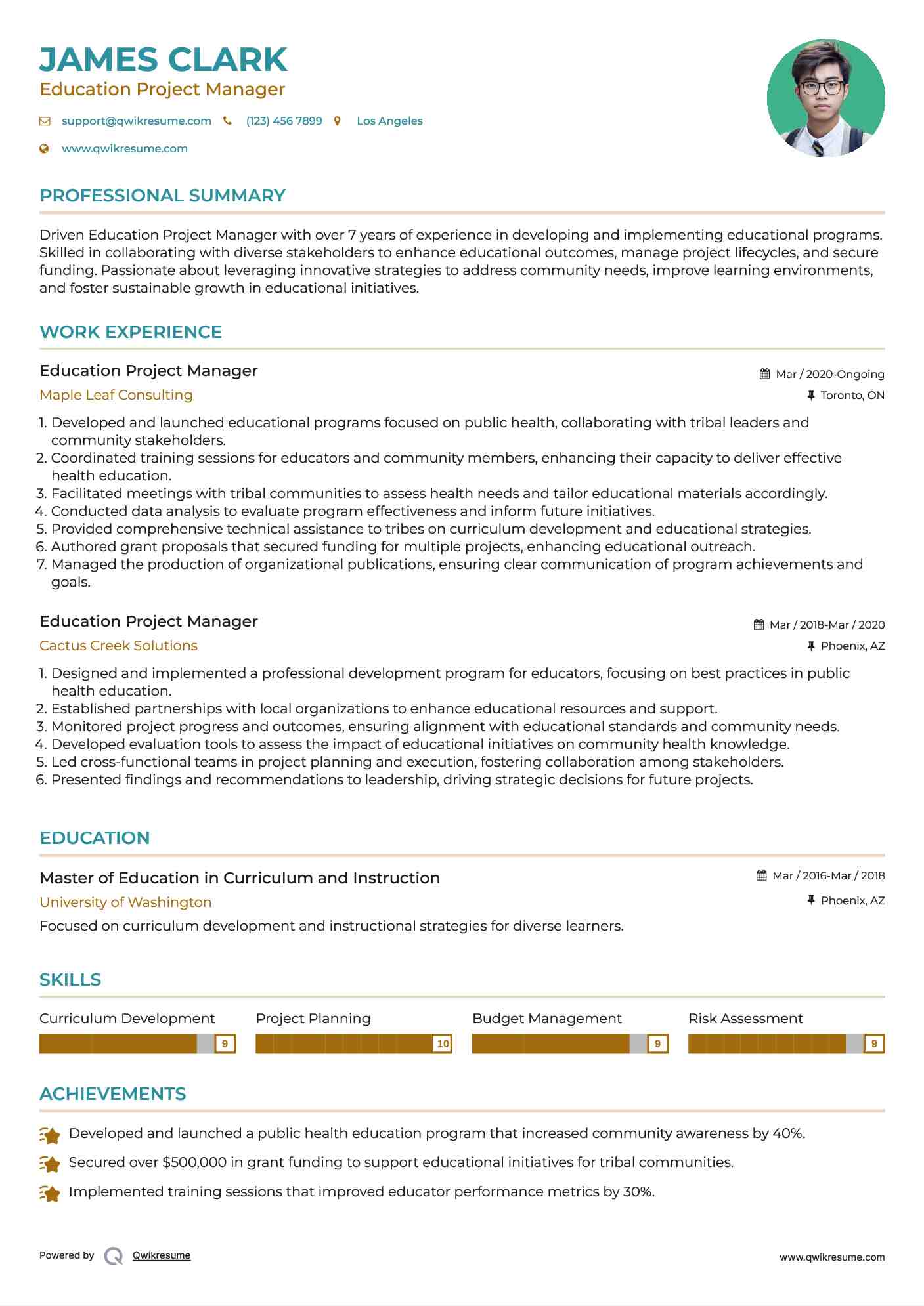 Education Project Manager Resume Template