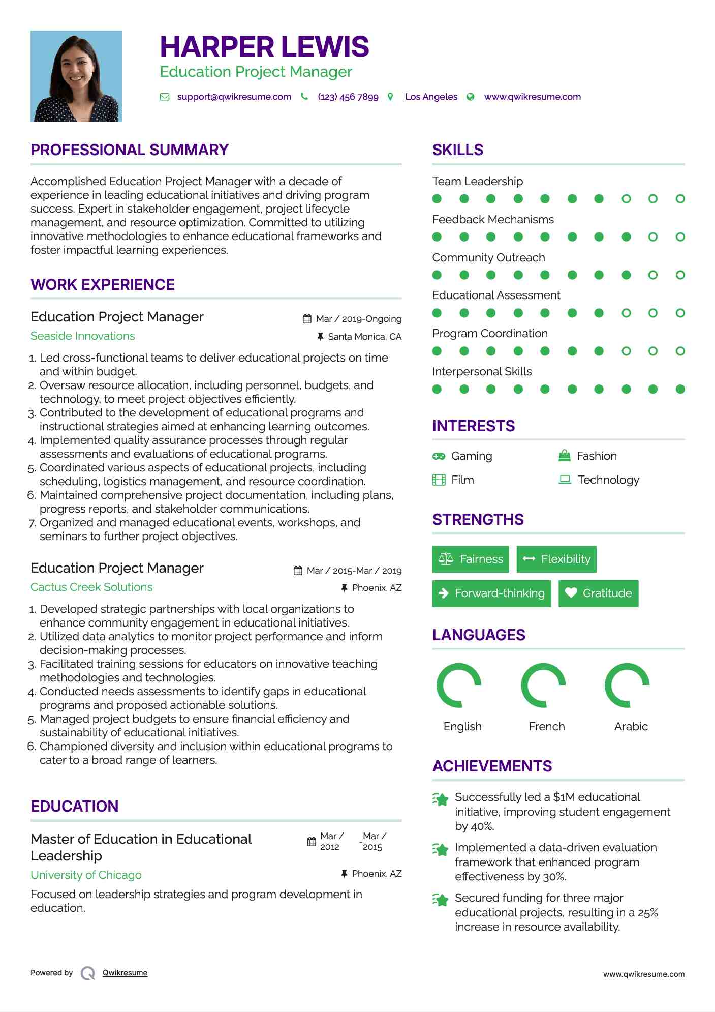 Education Project Manager Resume Template