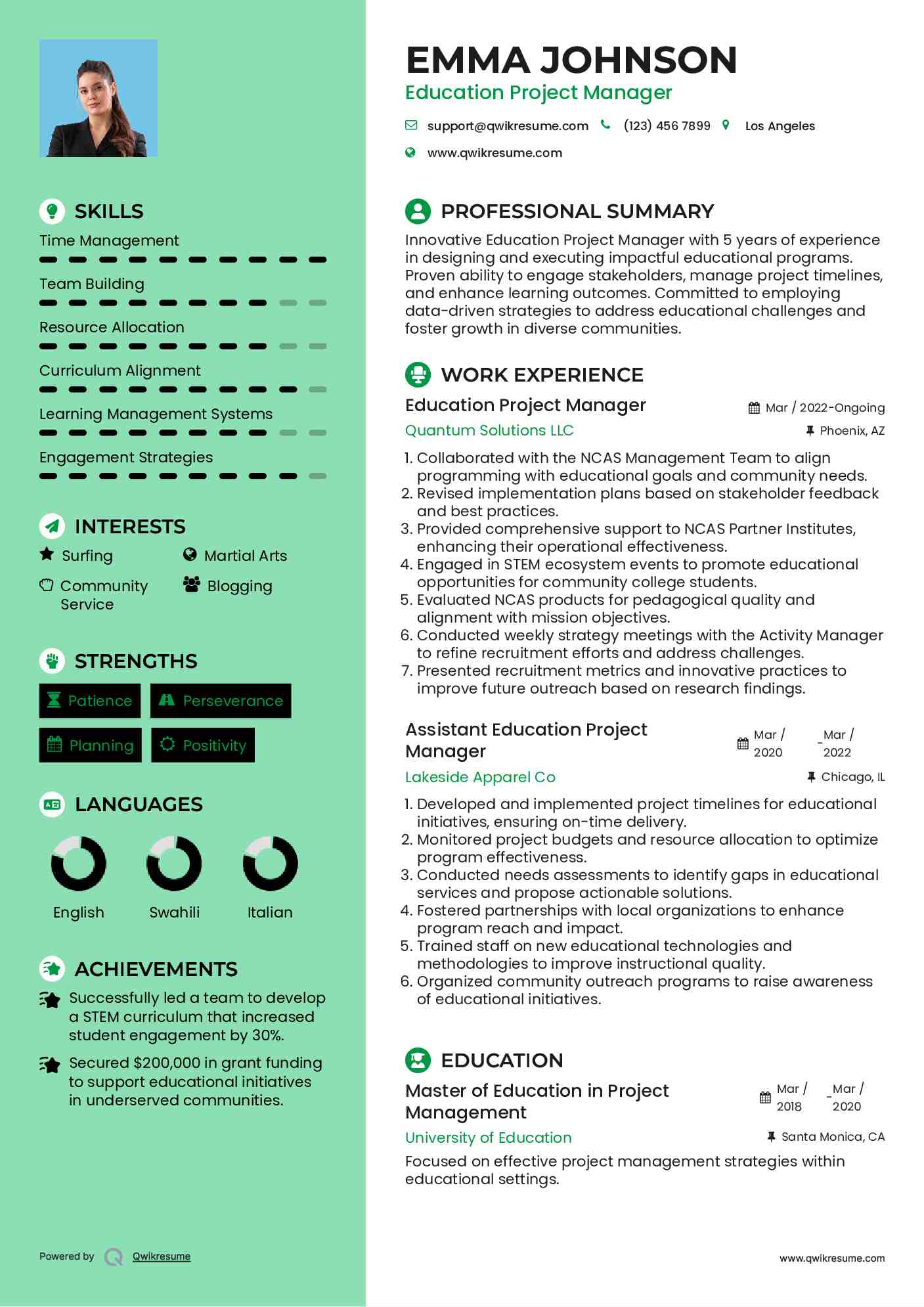 Education Project Manager Resume Format