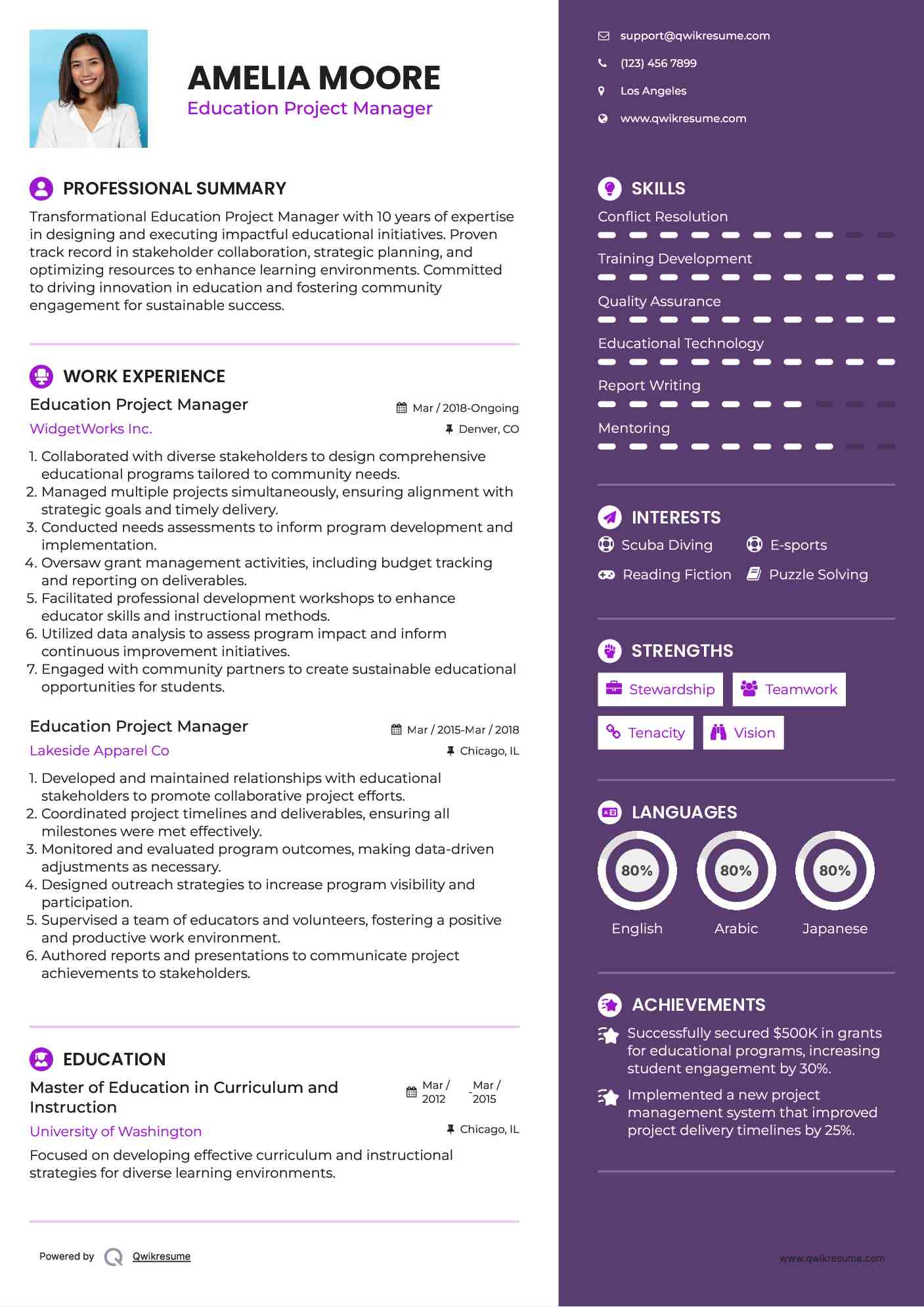 Education Project Manager Resume Model