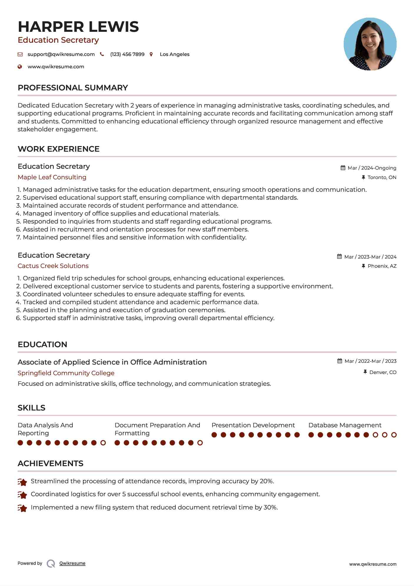 Education Secretary Resume Sample