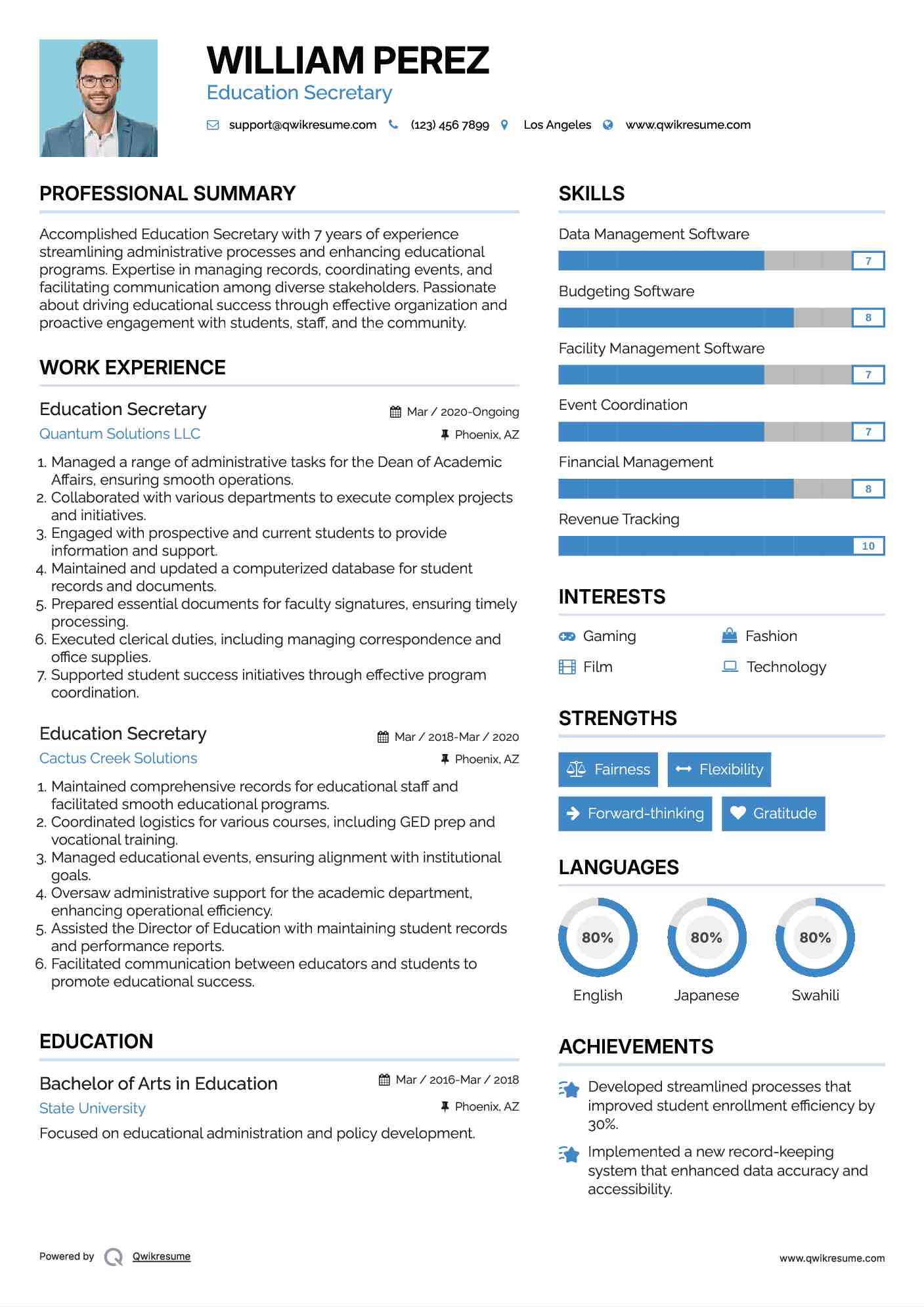 Education Secretary Resume Example