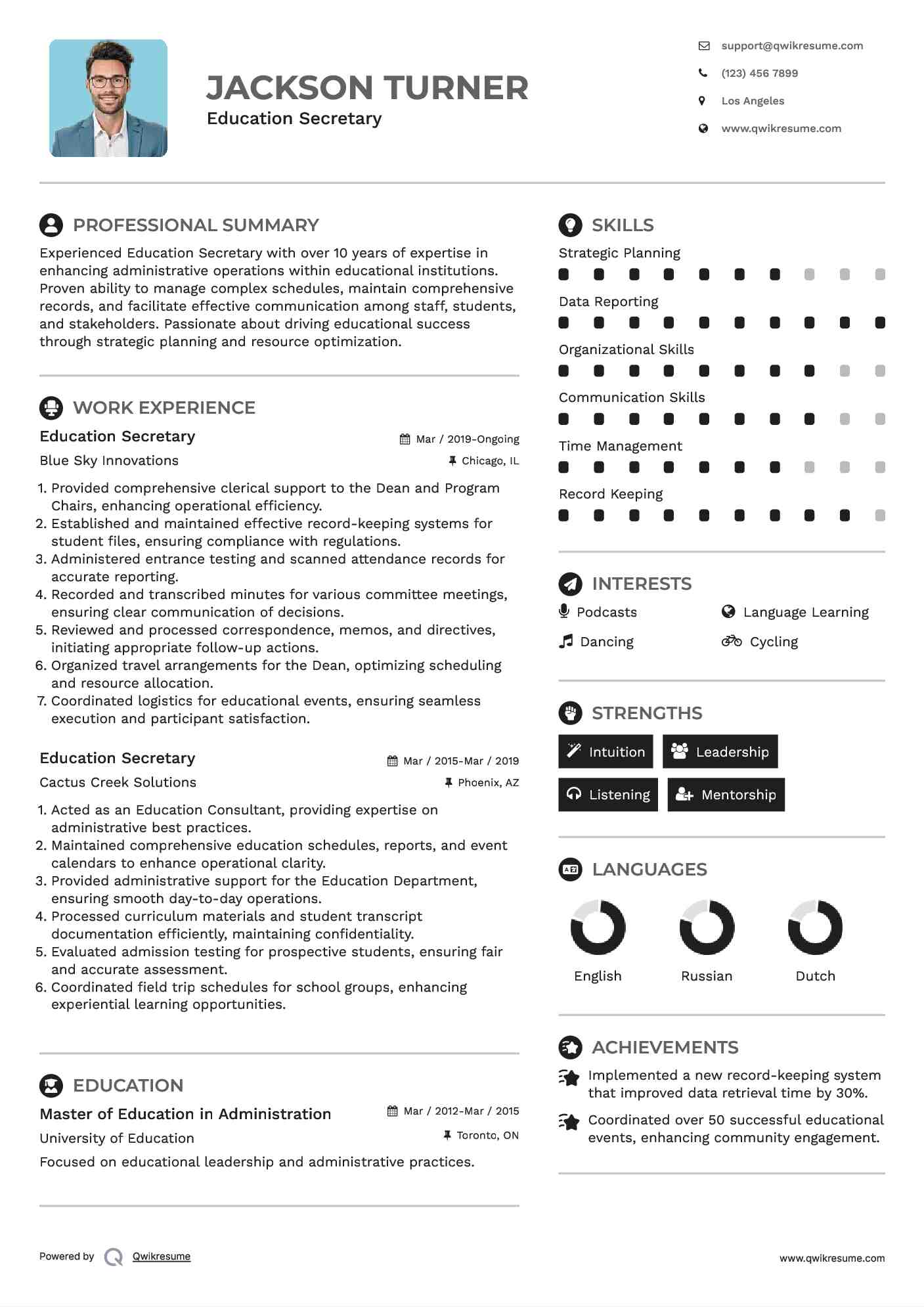 Education Secretary Resume Format