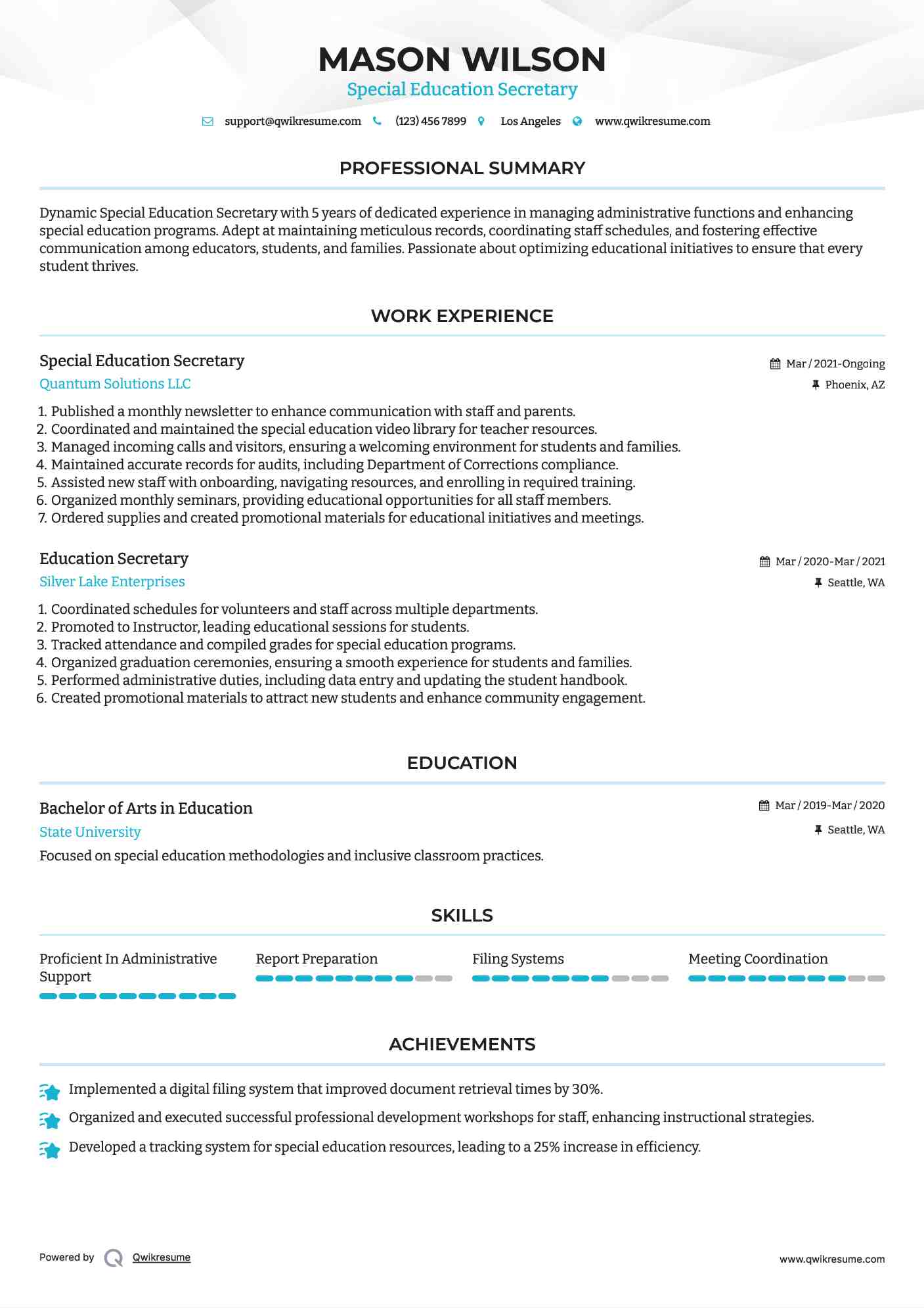 Special Education Secretary  Resume Sample