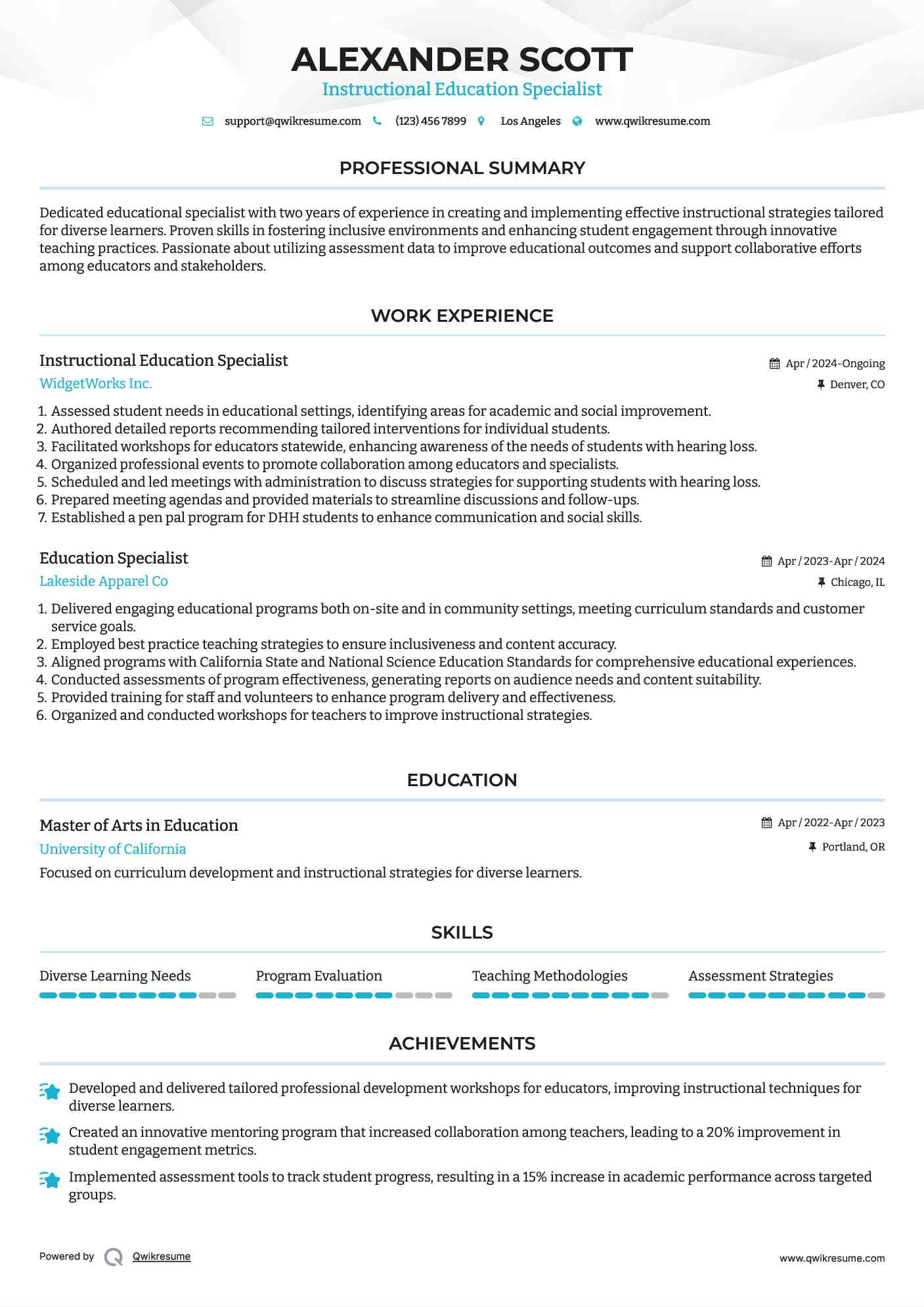 Instructional Education Specialist Resume Example