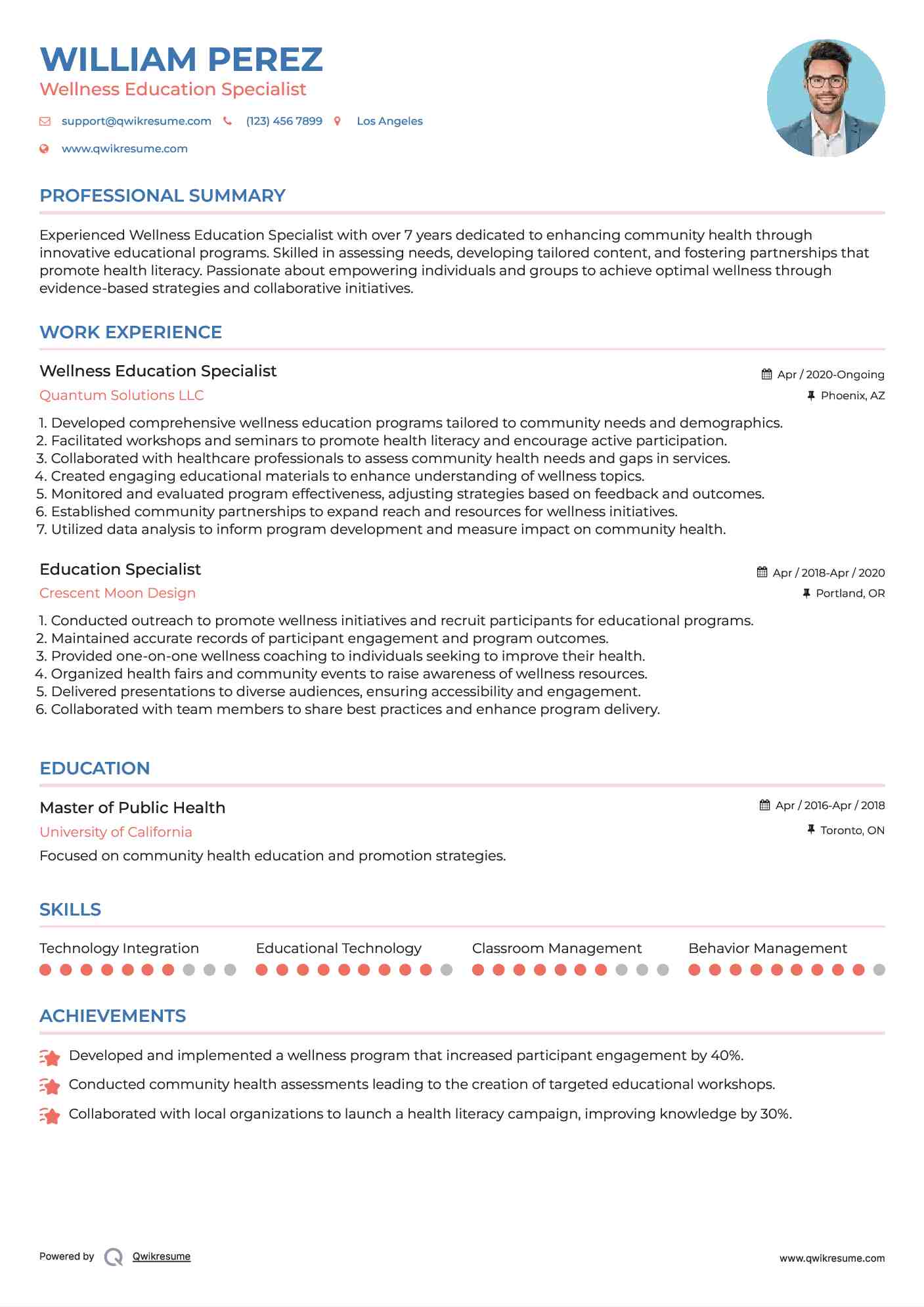 Wellness Education Specialist Resume Template
