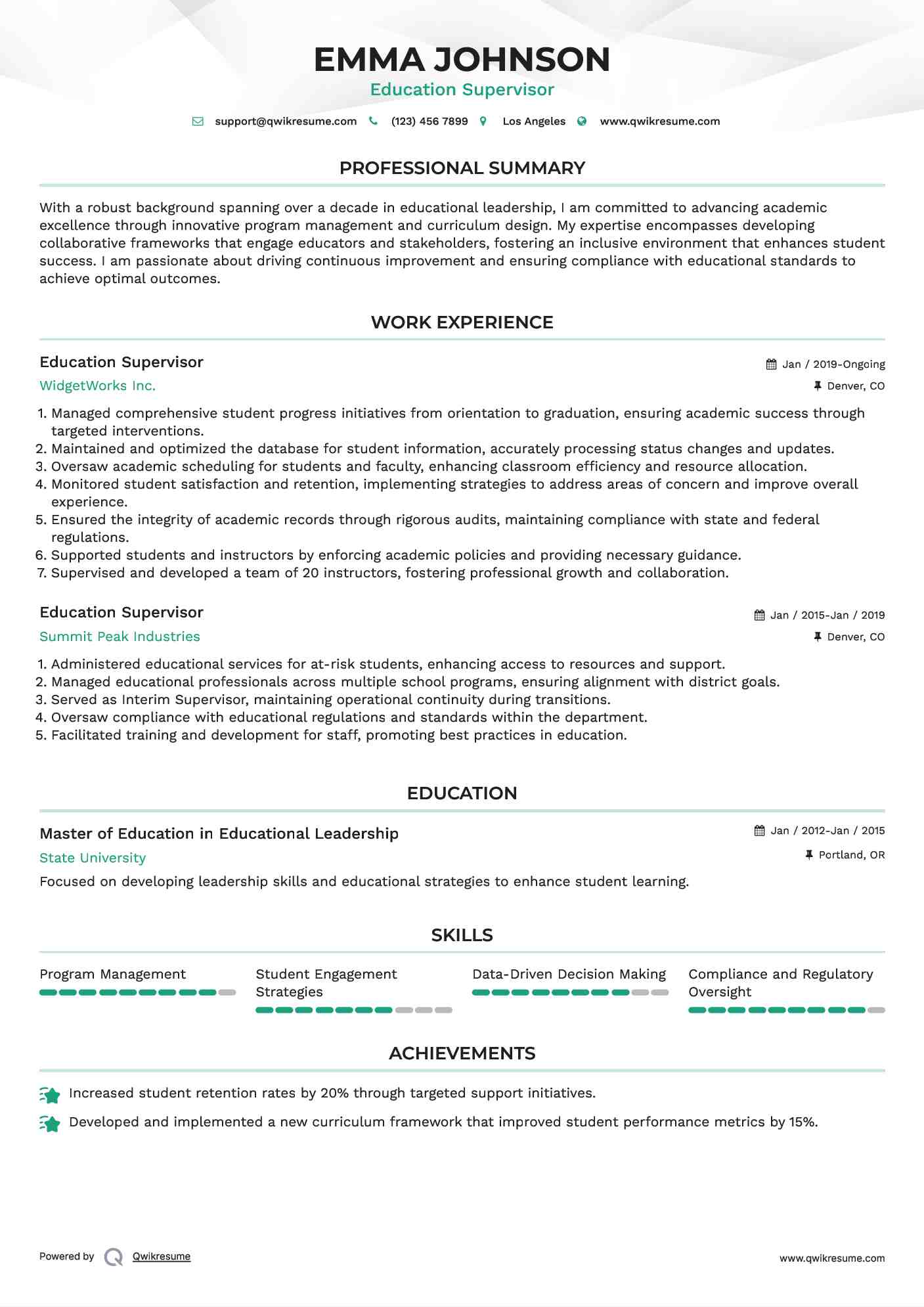 Education Supervisor Resume Format